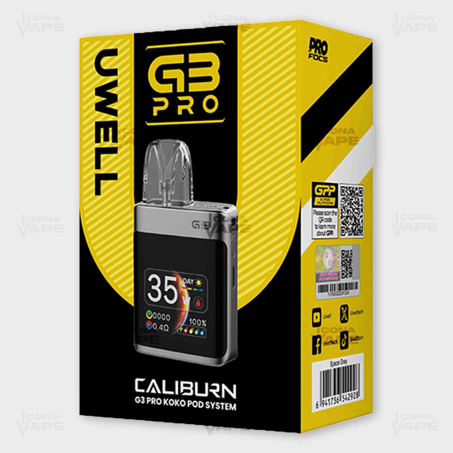 Retail Box of Uwell Caliburn G3 Pro KOKO Pod System – GPP Compatible Vape Kit at ICONA VAPE Pakistan