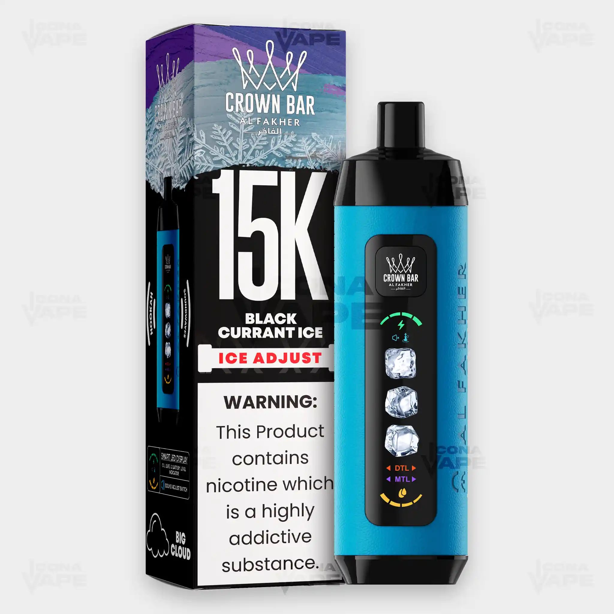 Al Fakher Crown Bar 15K Ice Adjust Blackcurrant Ice in Pakistan - Disposable Vape - ICONA VAPE