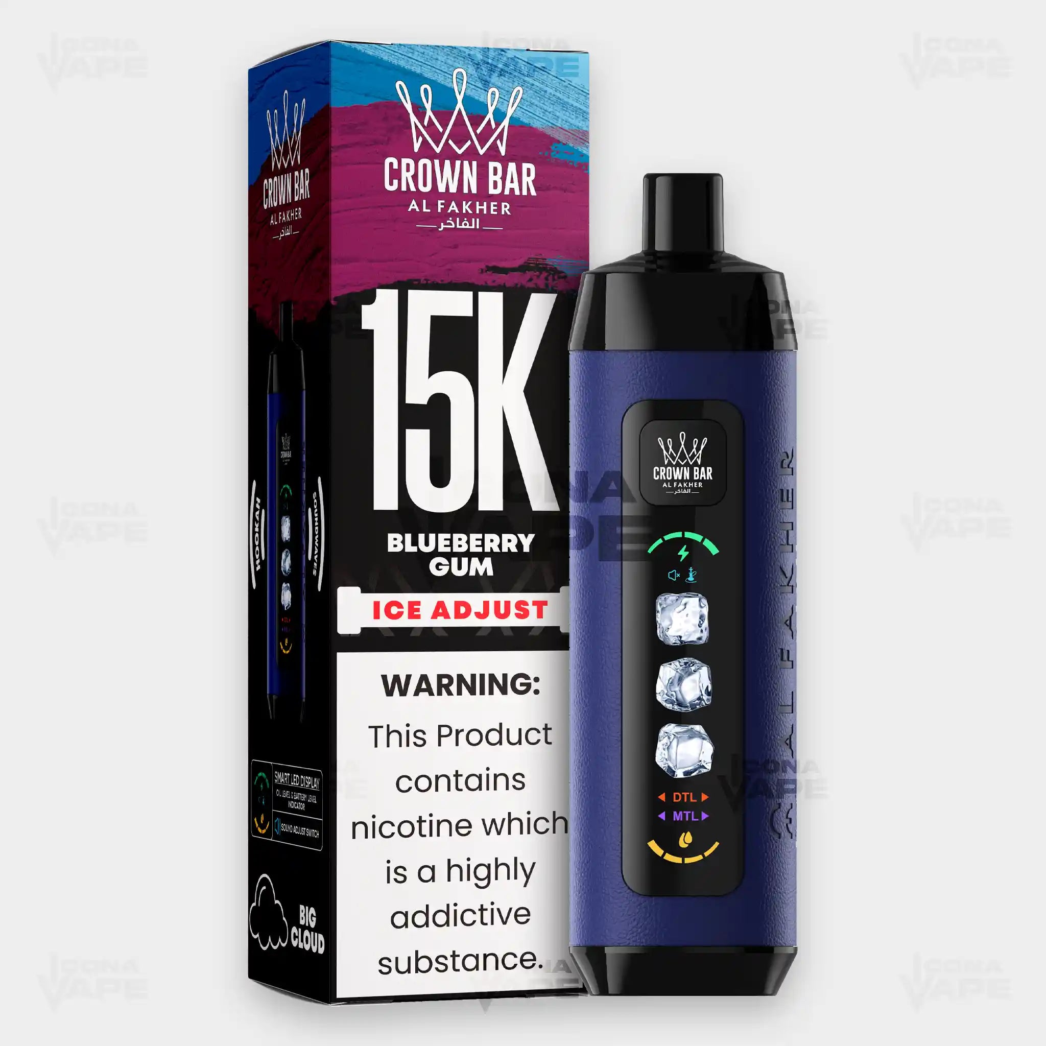 Al Fakher Crown Bar 15K Ice Adjust Blueberry Gum in Pakistan - Disposable Vape - ICONA VAPE