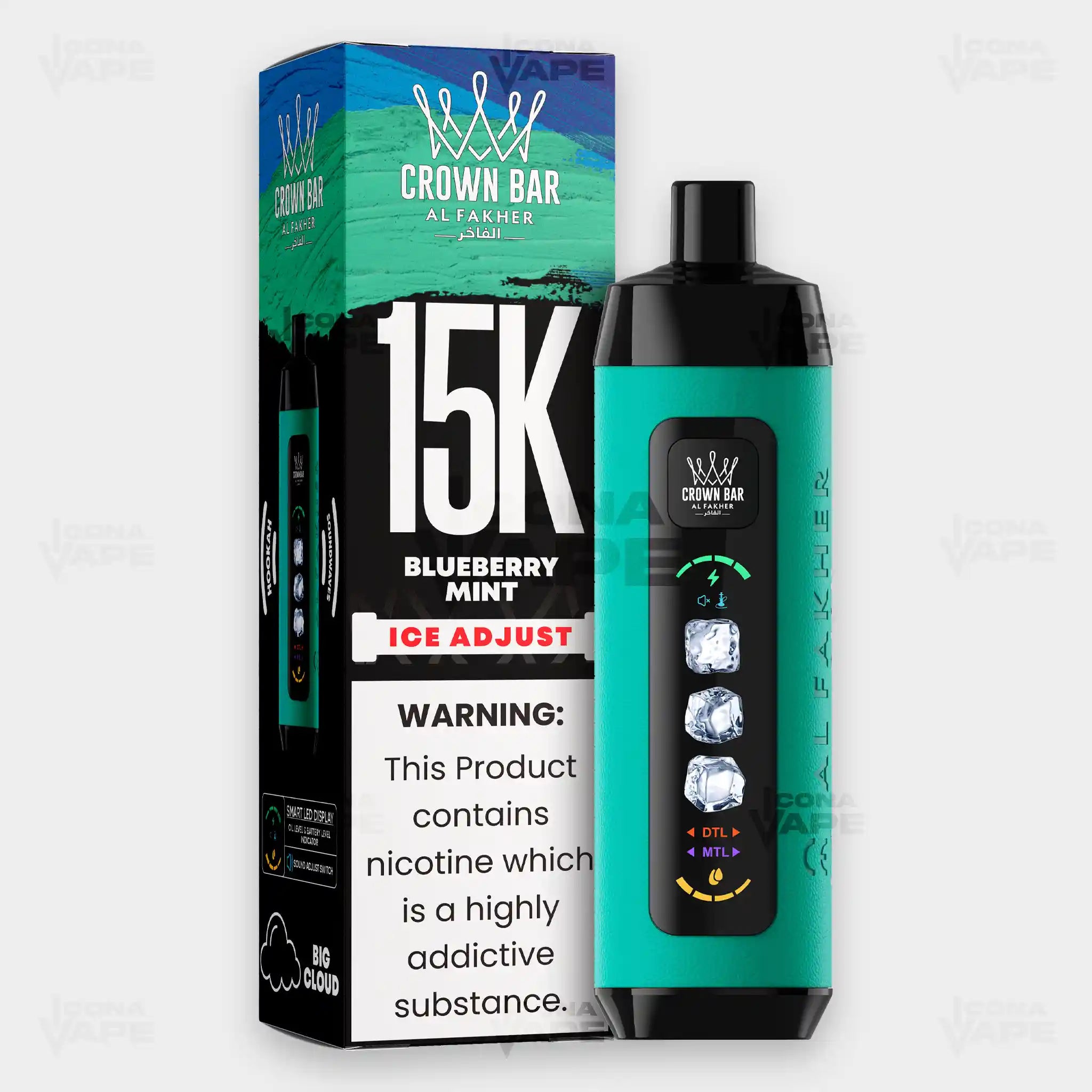 Al Fakher Crown Bar 15K Ice Adjust Blueberry Mint in Pakistan - Disposable Vape - ICONA VAPE