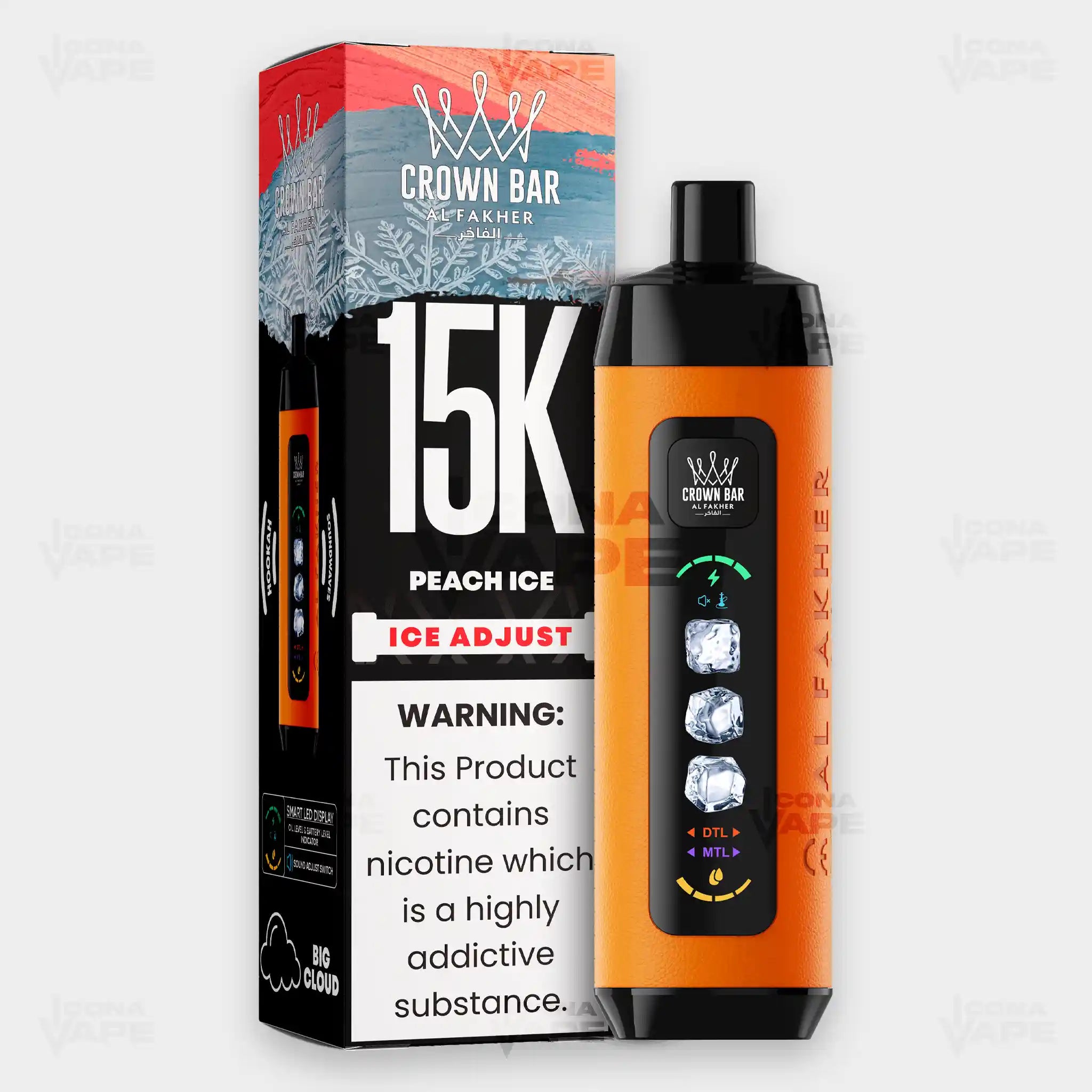 Al Fakher Crown Bar 15K Ice Adjust Peach Ice in Pakistan - Disposable Vape - ICONA VAPE