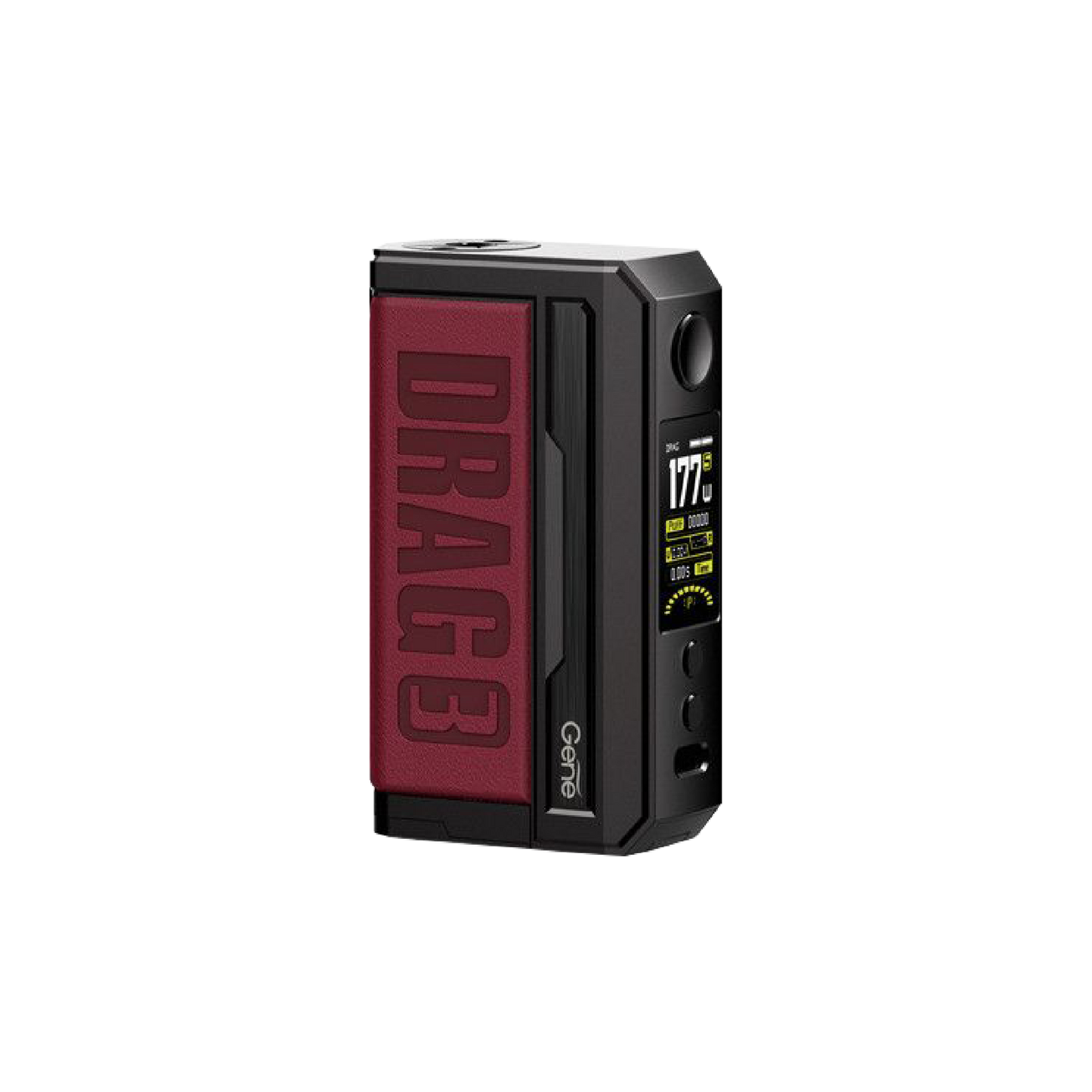 VOOPOO DRAG 3 177W Box Mod GENE.FAN 2.0 Chipset Durable zinc-alloy chassis Leather and platinum colored metals Dual high-amp 18650 batteries Threaded 510 connection Sub-ohm tank Rebuildable atomizer Vaping experience