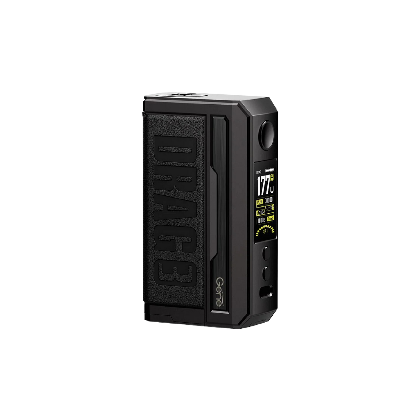 VOOPOO DRAG 3 177W Box Mod GENE.FAN 2.0 Chipset Durable zinc-alloy chassis Leather and platinum colored metals Dual high-amp 18650 batteries Threaded 510 connection Sub-ohm tank Rebuildable atomizer Vaping experience