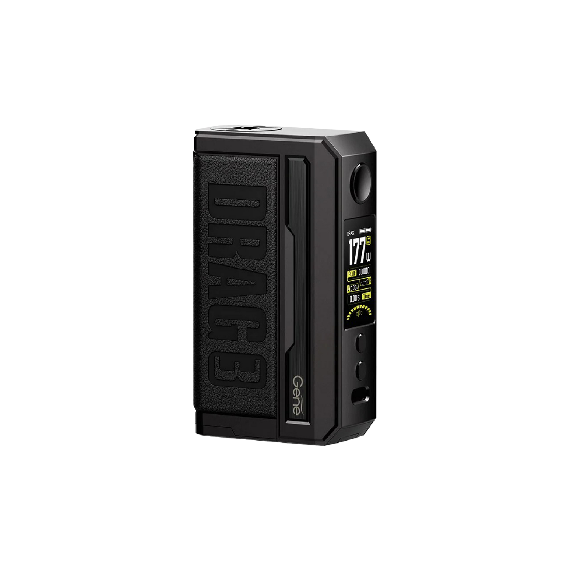 VOOPOO DRAG 3 177W Box Mod GENE.FAN 2.0 Chipset Durable zinc-alloy chassis Leather and platinum colored metals Dual high-amp 18650 batteries Threaded 510 connection Sub-ohm tank Rebuildable atomizer Vaping experience