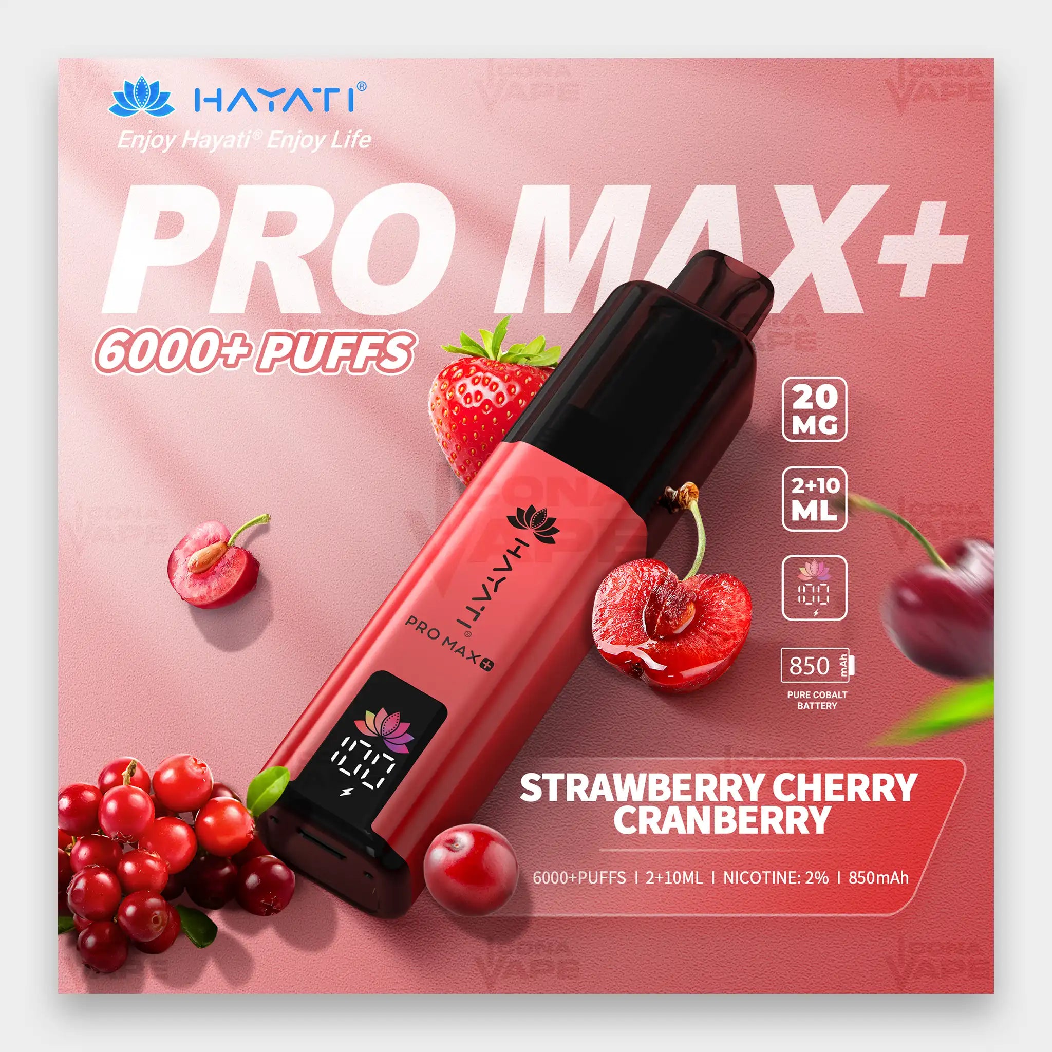 Hayati Pro Max+ 6000 Kit 6000 Puffs 20mg Strawberry Cherry Cranberry