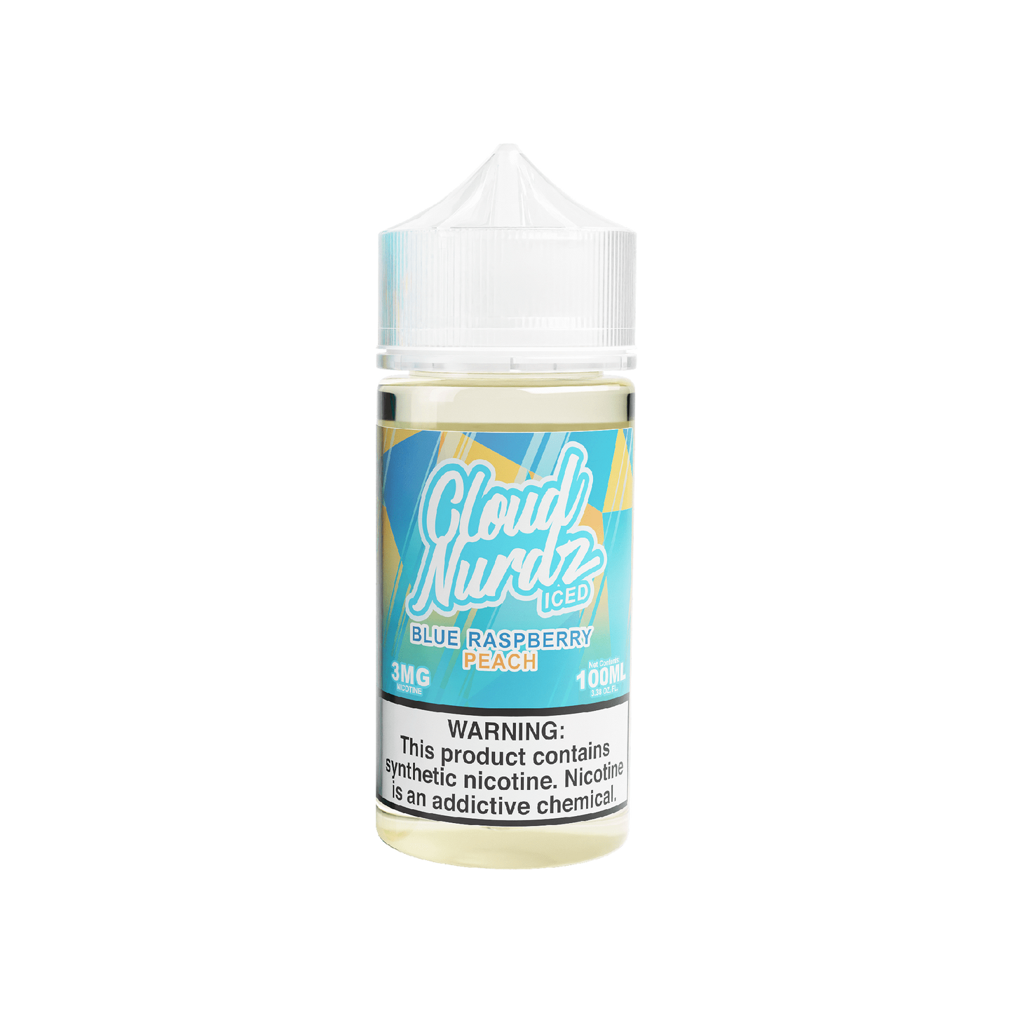 ICED Peach Blue Raspberry Cloud Nurdz luscious juicy peach tanginess of tart raspberries otherworldly delight small helping of menthol tastebuds rejoicing Capacity: 100mL Unicorn Bottle PG: 30% VG: 70% Formulation: Synthetic Freebase Nicotine Child Resistant Cap Made in USA