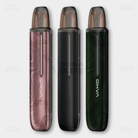 OXVA ARTIO 2 device lineup showing Rose Pink Black Leather and Dark Forest finishes side by side
