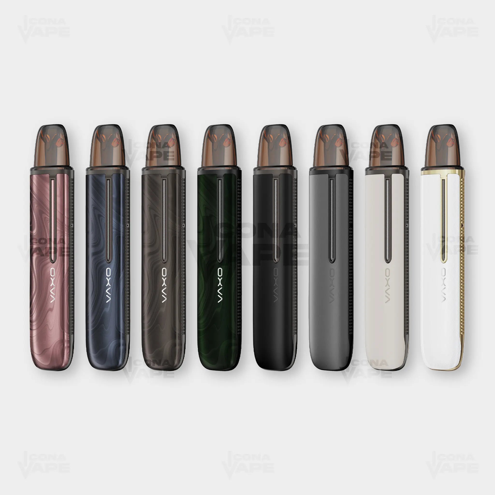 OXVA ARTIO 2 pod kit showing all color options including Rose Pink Night Blue Black Leather and Pearly White