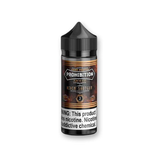 RIDIN' SHOTGUN PROHIBITION JUICE CO. Pudding flavor Golden sugar cookies Ridin' Shotgun e-juice 100mL bottles Decadent flavor Chubby Gorilla Bottle 70% VG 30% PG Made in USA