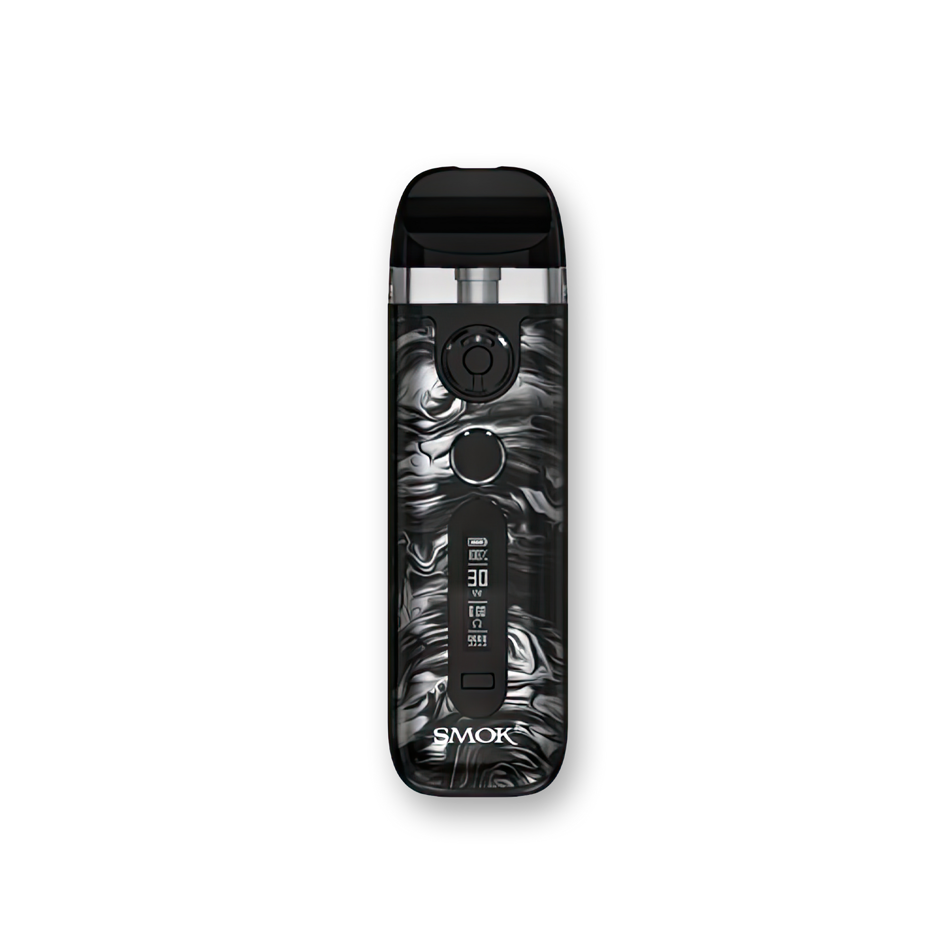 SMOK Novo 5 30W Pod System 5-30W output range Dual firing mechanism 2mL pods Integrated 0.7ohm mesh coils Dimensions: 96mm by 29mm by 18.9mm 900mAh battery capacity 1.5-4.0V voltage range 0.5-2.5ohm resistance range Zinc-Alloy chassis material Type-C Port charging Dual Activation - Draw/Button operation Novo 5 Mesh Pods Top Fill Design PCTG pod material Magnetic pod connection Integrated 0.7ohm coil Display Screen Air-Inlet Ring Novo 5 Device Type-C Cable User Manual