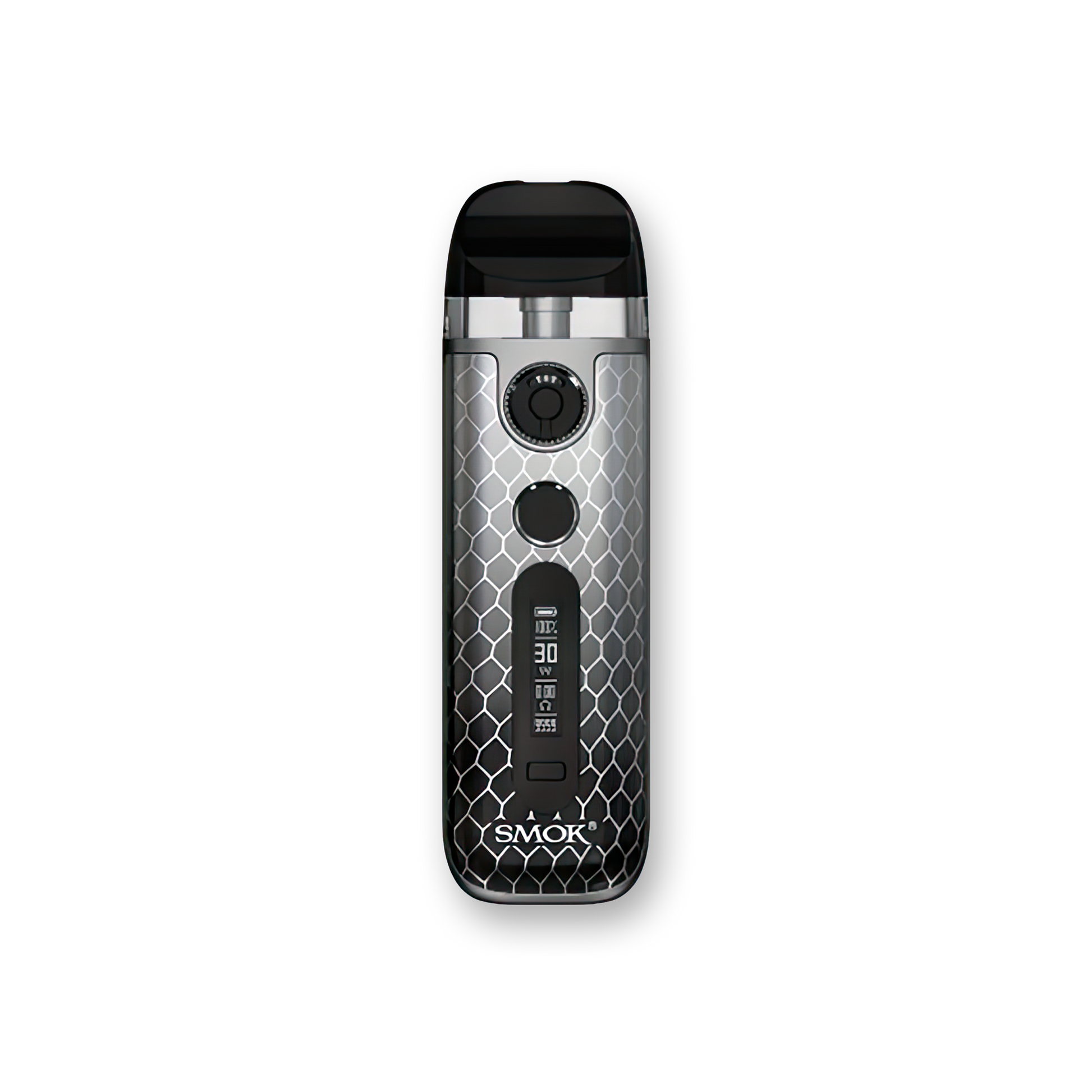 SMOK Novo 5 30W Pod System 5-30W output range Dual firing mechanism 2mL pods Integrated 0.7ohm mesh coils Dimensions: 96mm by 29mm by 18.9mm 900mAh battery capacity 1.5-4.0V voltage range 0.5-2.5ohm resistance range Zinc-Alloy chassis material Type-C Port charging Dual Activation - Draw/Button operation Novo 5 Mesh Pods Top Fill Design PCTG pod material Magnetic pod connection Integrated 0.7ohm coil Display Screen Air-Inlet Ring Novo 5 Device Type-C Cable User Manual