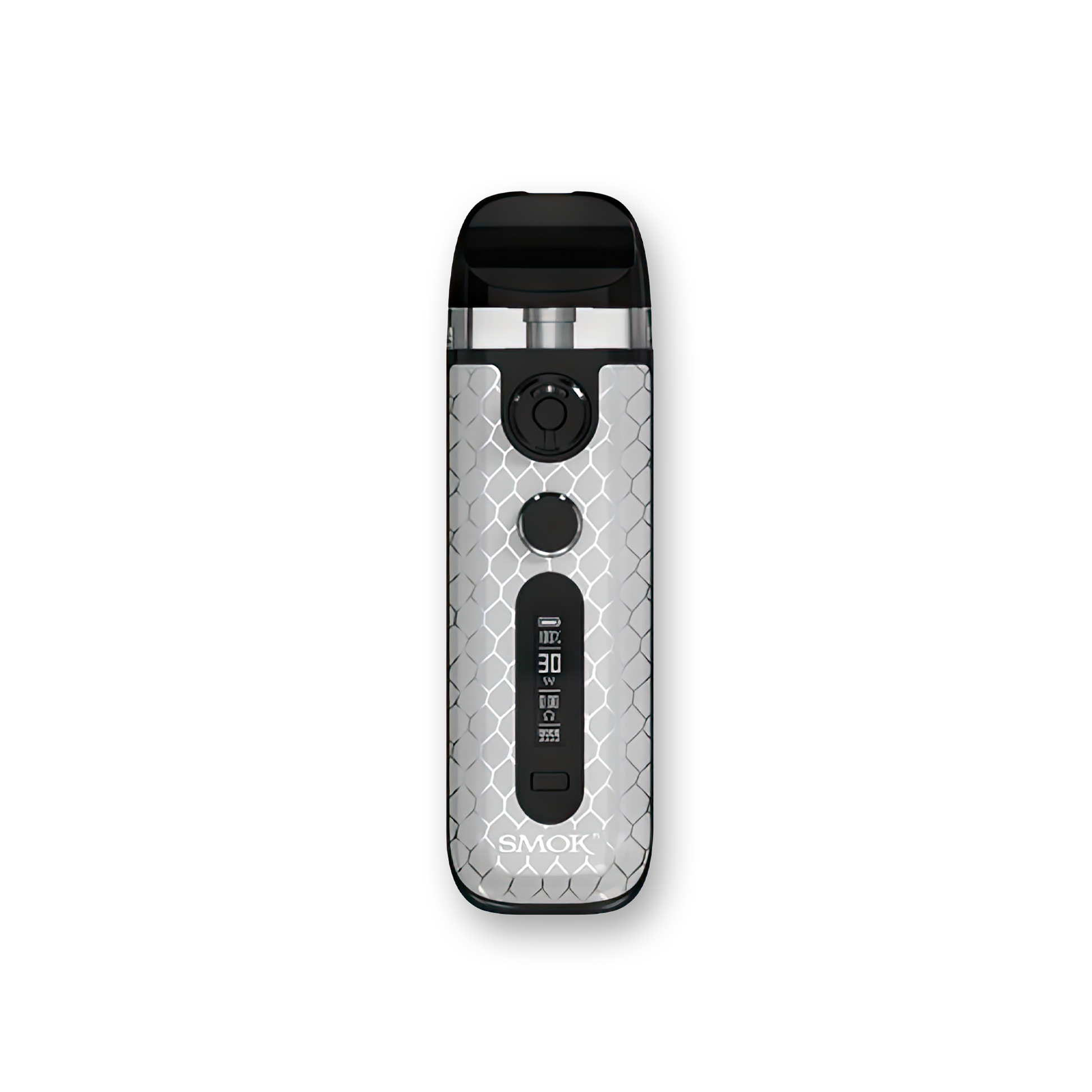 SMOK Novo 5 30W Pod System 5-30W output range Dual firing mechanism 2mL pods Integrated 0.7ohm mesh coils Dimensions: 96mm by 29mm by 18.9mm 900mAh battery capacity 1.5-4.0V voltage range 0.5-2.5ohm resistance range Zinc-Alloy chassis material Type-C Port charging Dual Activation - Draw/Button operation Novo 5 Mesh Pods Top Fill Design PCTG pod material Magnetic pod connection Integrated 0.7ohm coil Display Screen Air-Inlet Ring Novo 5 Device Type-C Cable User Manual