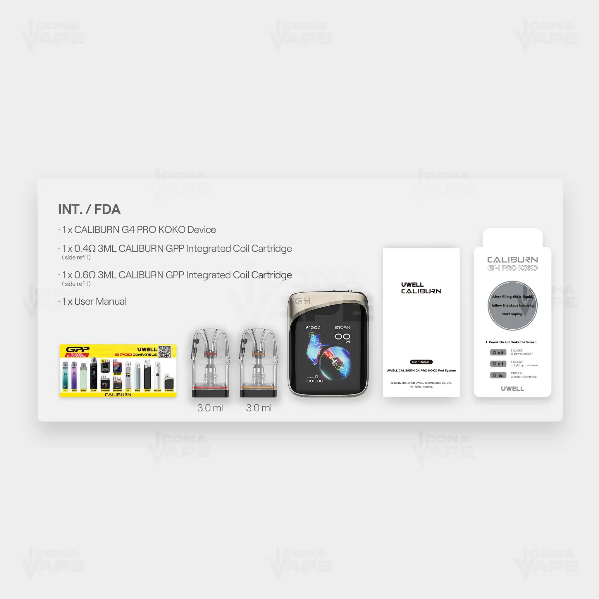 Uwell Caliburn G4 Pro Koko Pod Kit unboxing with device, coils, cartridges and manual in Pakistan