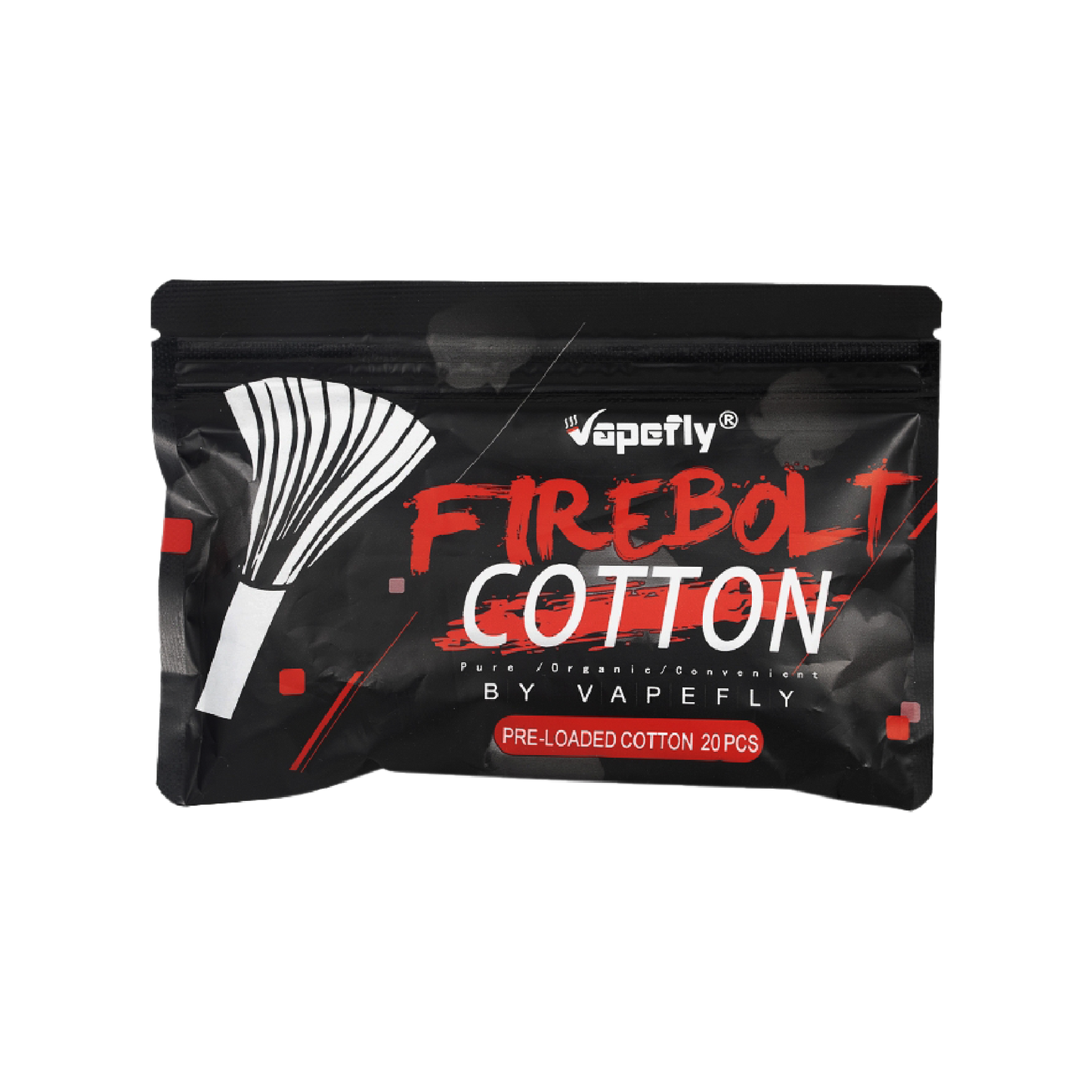 Vapefly Firebolt Cotton pack of twenty (20) agleted cotton strips 100% organic cotton pre-measured 3mm ID wire coils resealable bag 20 pre-loaded cotton travel bag 100% organic Japanese cotton agleted cotton wick designed for 3mm ID wire coils