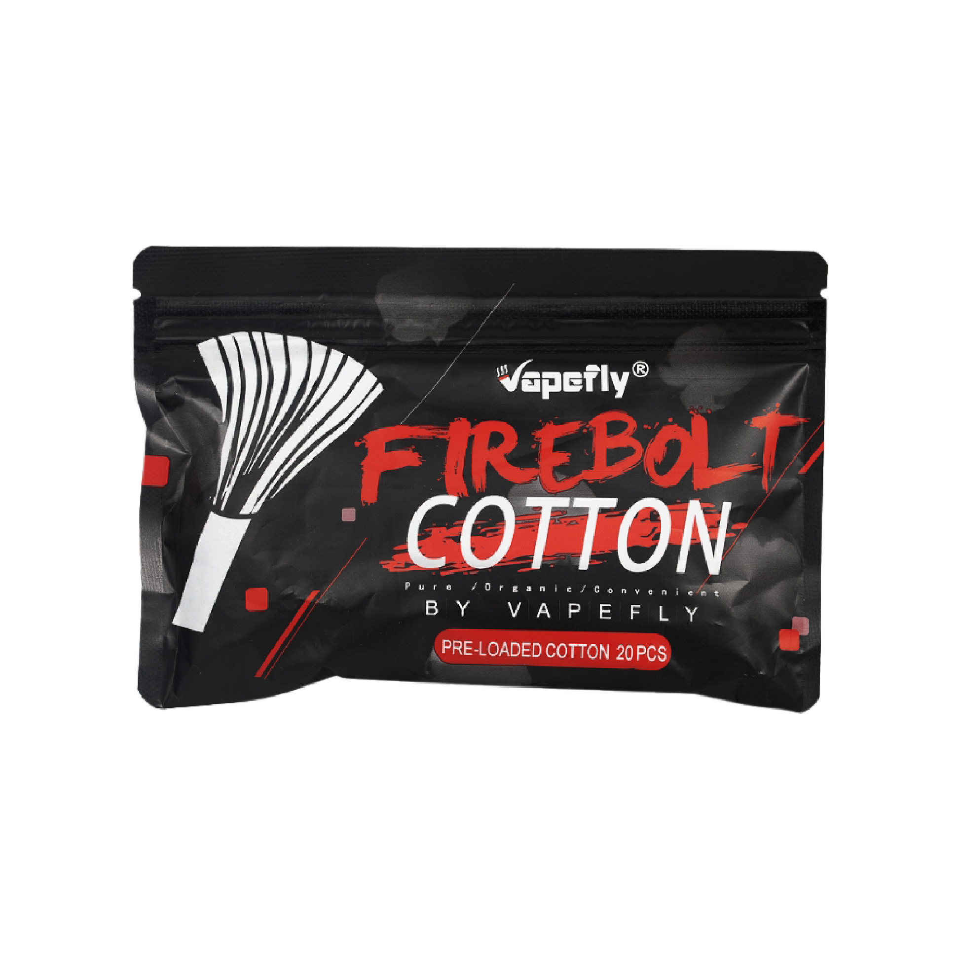 Vapefly Firebolt Cotton pack of twenty (20) agleted cotton strips 100% organic cotton pre-measured 3mm ID wire coils resealable bag 20 pre-loaded cotton travel bag 100% organic Japanese cotton agleted cotton wick designed for 3mm ID wire coils