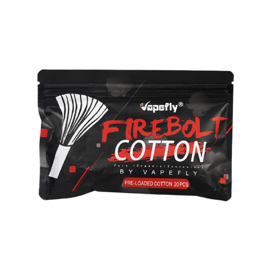 Vapefly Firebolt Cotton pack of twenty (20) agleted cotton strips 100% organic cotton pre-measured 3mm ID wire coils resealable bag 20 pre-loaded cotton travel bag 100% organic Japanese cotton agleted cotton wick designed for 3mm ID wire coils