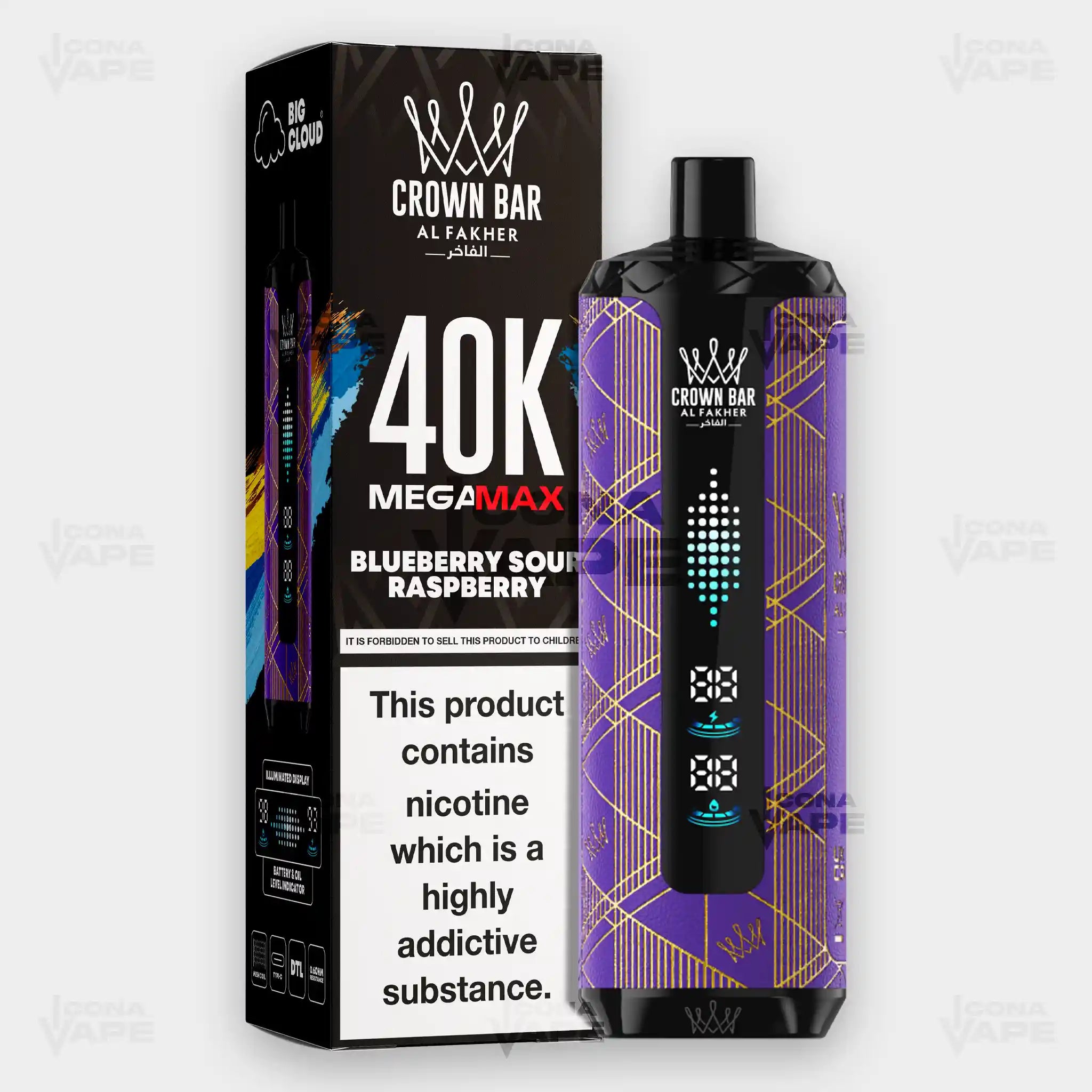 Al Fakher 40K Mega Max Blueberry Sour Raspberry Flavor 6mg Disposable Vape - Crown Bar - ICONA VAPE