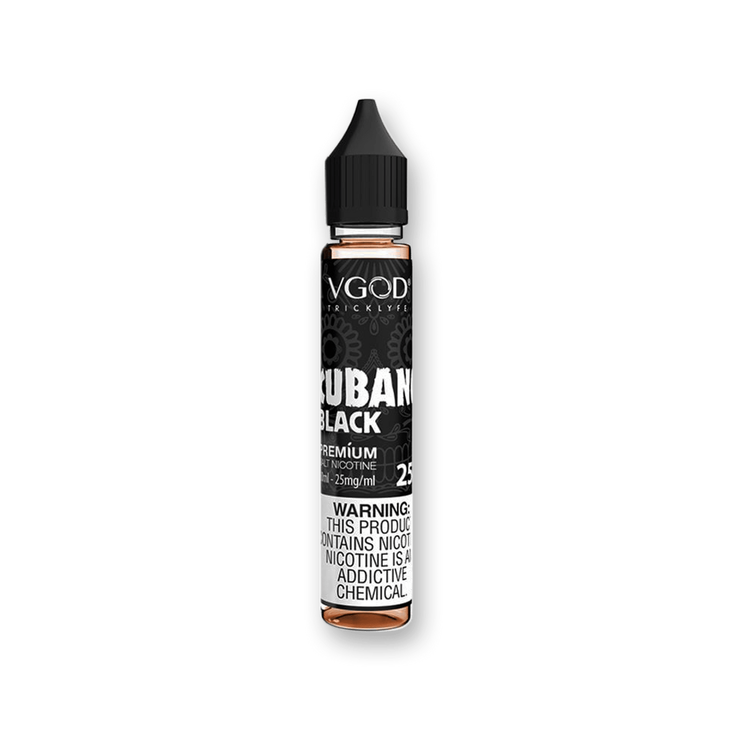 CUBANO BLACK - VGOD SALTNIC - 30ML - ICONA VAPE25MGCubano Black VGOD SaltNic E-Liquid Cuban tobacco flavor creamy custard undertones vaping experience nicotine salt 30mL Chubby Unicorn Bottle 70% PG 30% VG Made in USAEL001