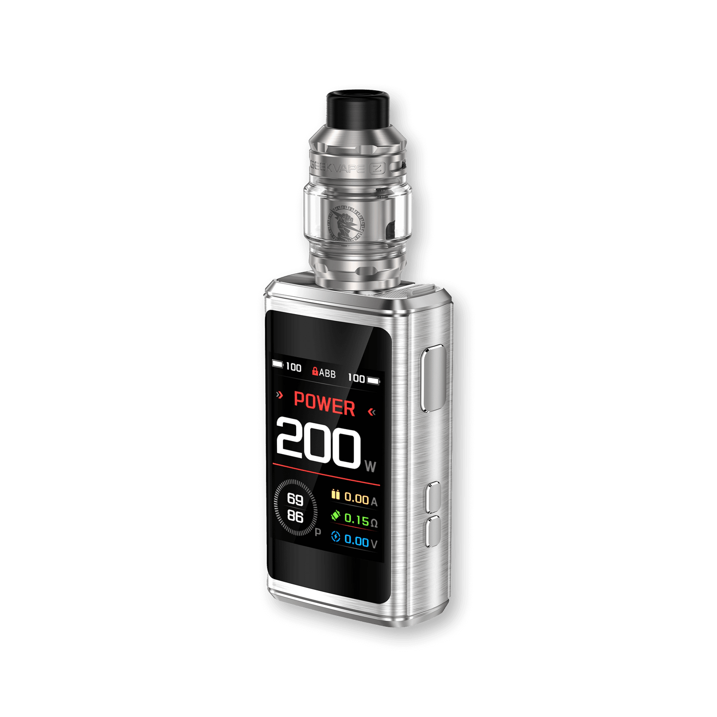 GEEK VAPE Z200 200W STARTER VAPE KIT - ICONA VAPESILVERGeek Vape Z200 200W Starter Vape Kit Dual 18650 Batteries AS-Chip 3.0 Temperature Control Mode Wattage Range 5-200W Zinc-Alloy Chassis 25mm Diameter 5.5mL Glass Capacity Top Fill System Z Coil Series Power Mode, Smart Mode, TC Mode, Bypass Mode Geek Vape Z 2021 Tank 5.5mL Replacement Glass Spare Parts Pack Coil Tool