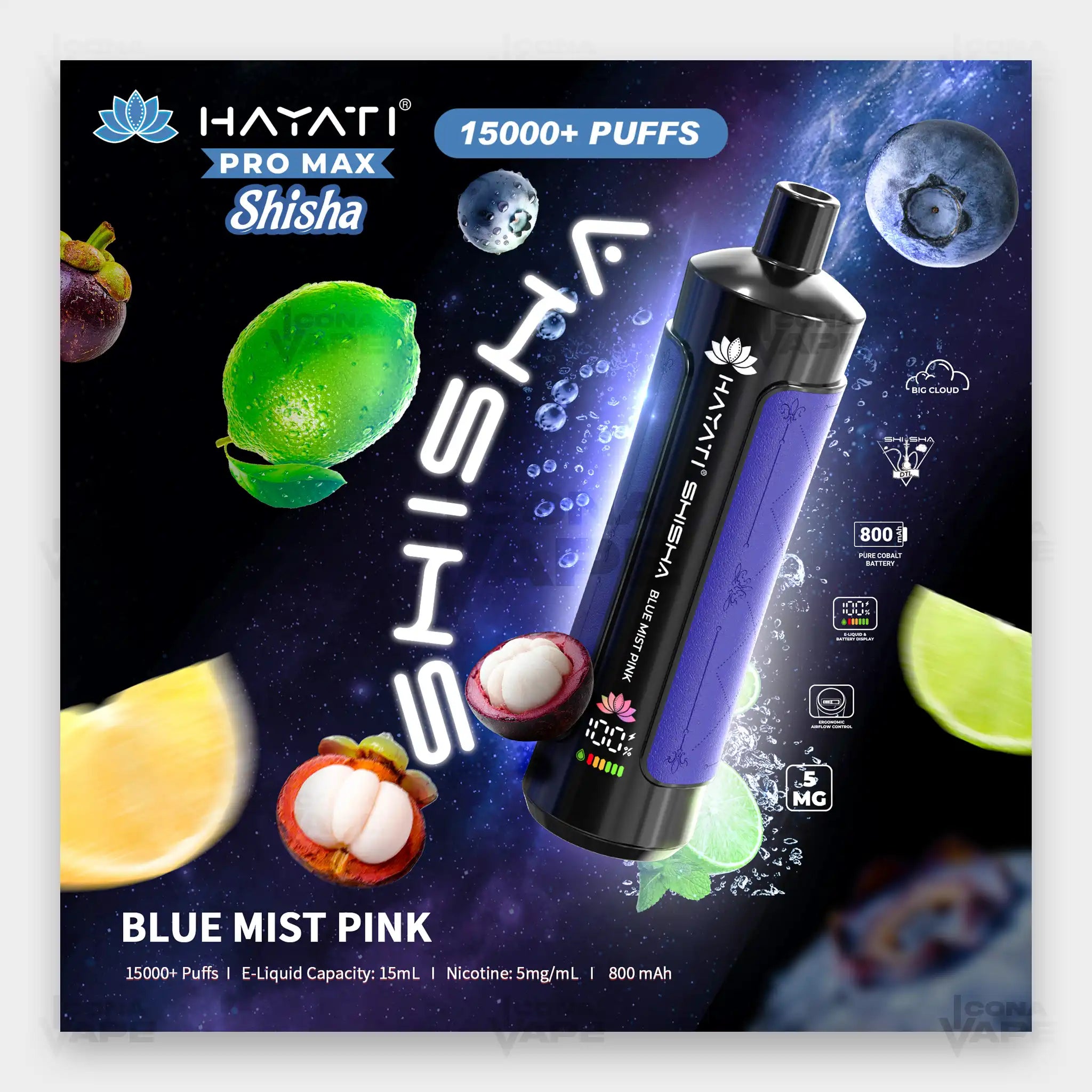 Hayati Pro Max Shisha 15000 Blue Mist Pink disposable vape Pakistan smooth fruity flavour 15000 puffs