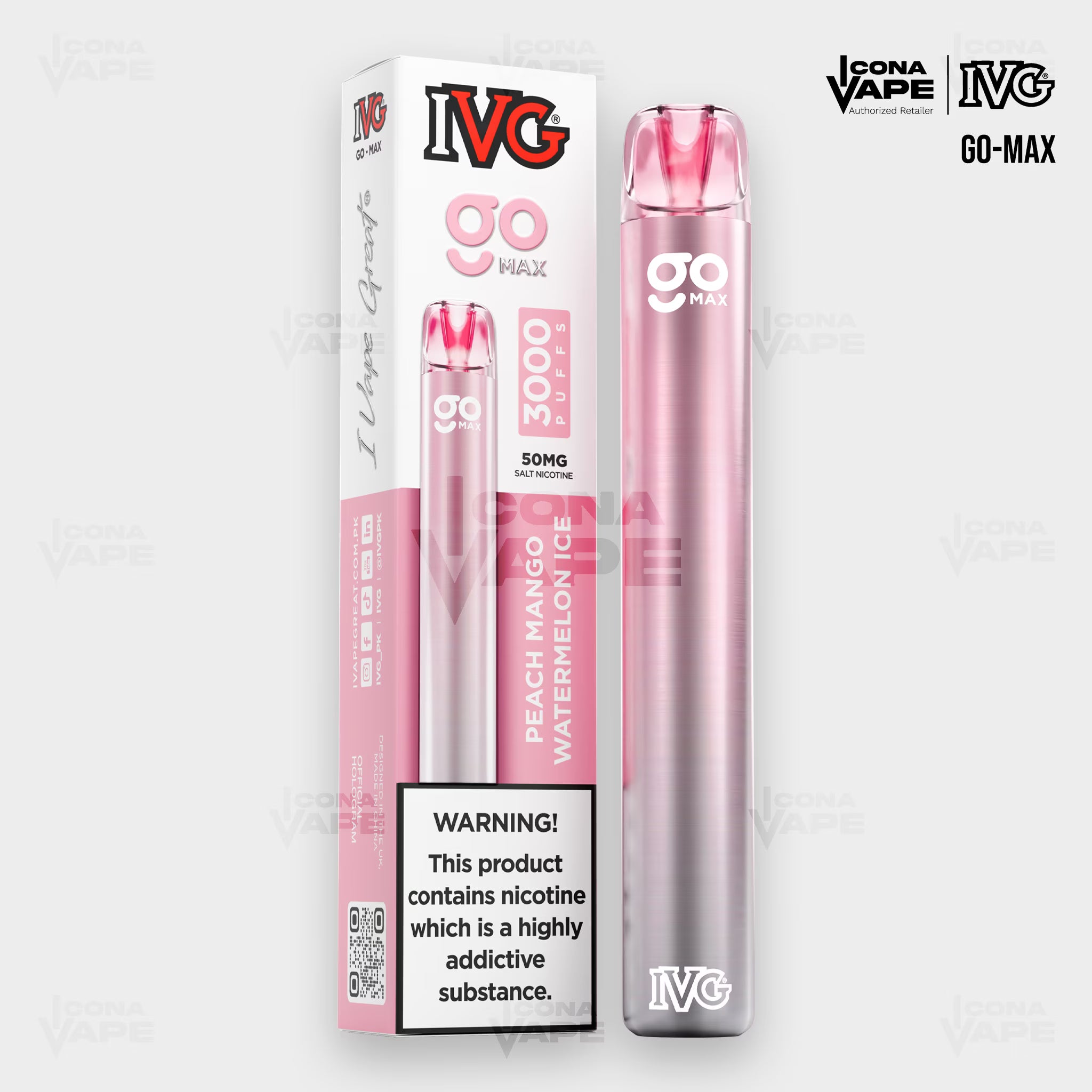 IVG GO-MAX Peach Mango Watermelon Ice 3000 puffs disposable vape, 50mg