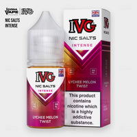 IVG Intense Nic Salt Lychee Melon Twist 30ml 35mg bottle, fruity iced nic salt e-liquid for pod systems
