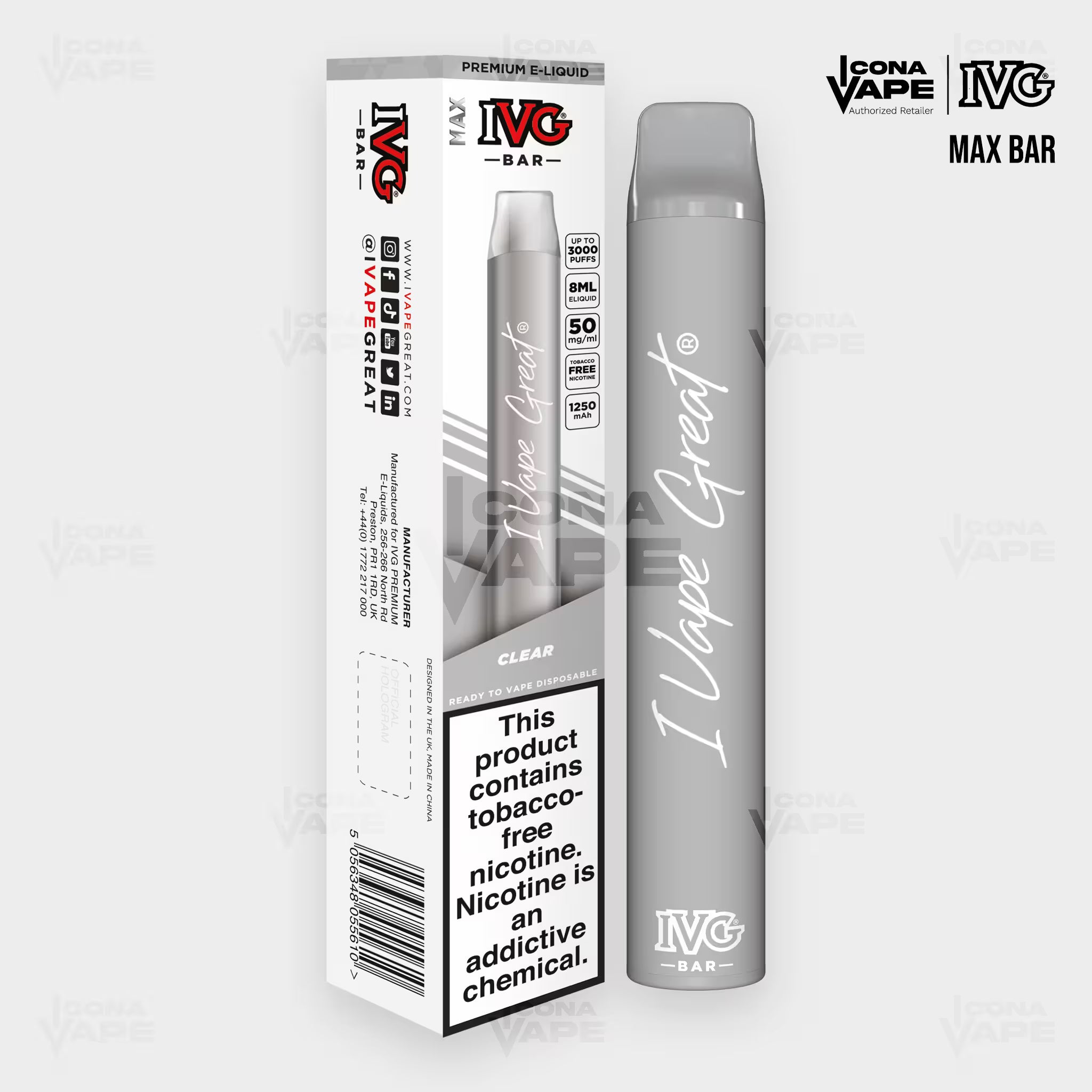 IVG Max Bar 3000 Clear disposable vape, 3000 puffs, Pakistan