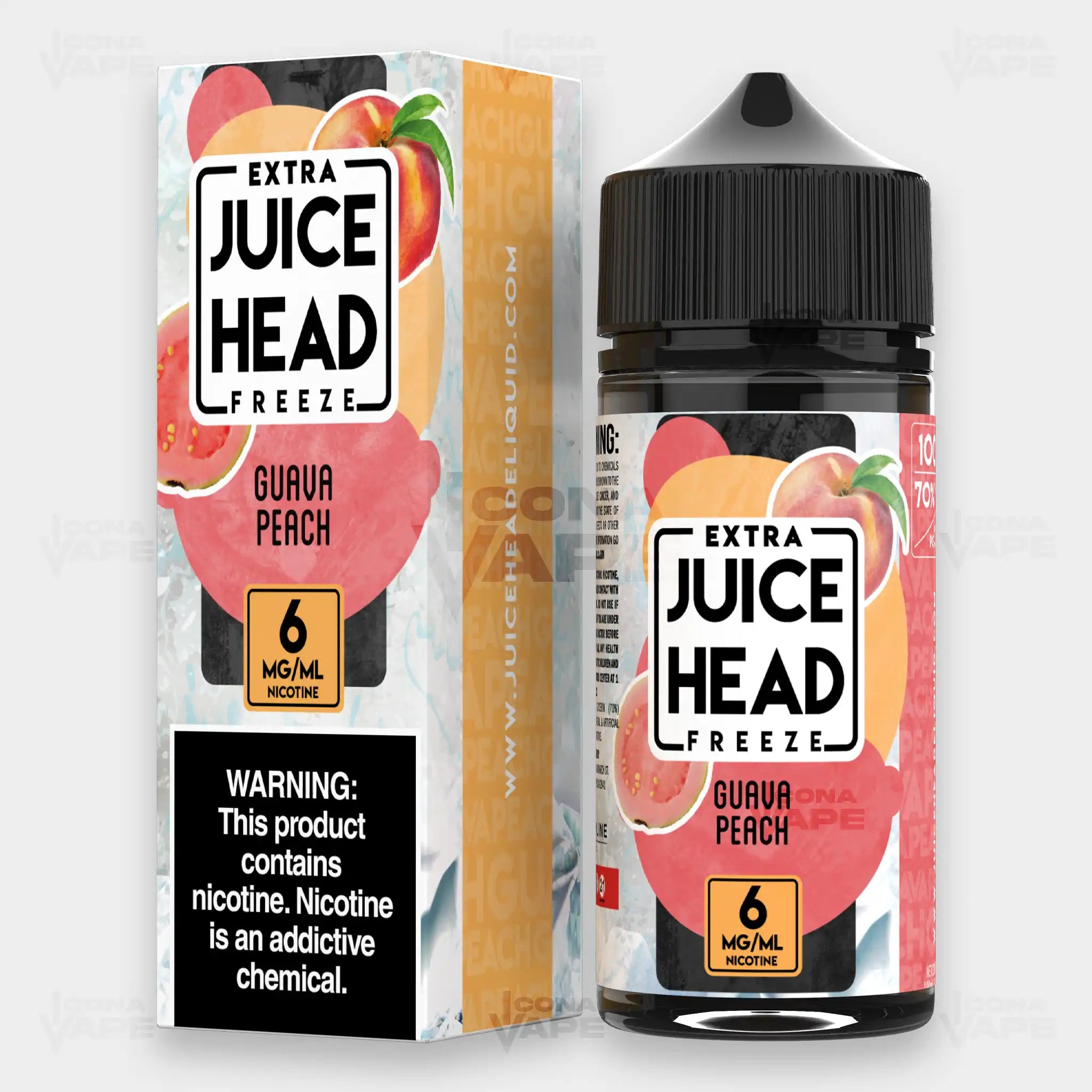 Juice Head Extra Freeze Guava Peach 100ml vape juice - 6mg bottle and box