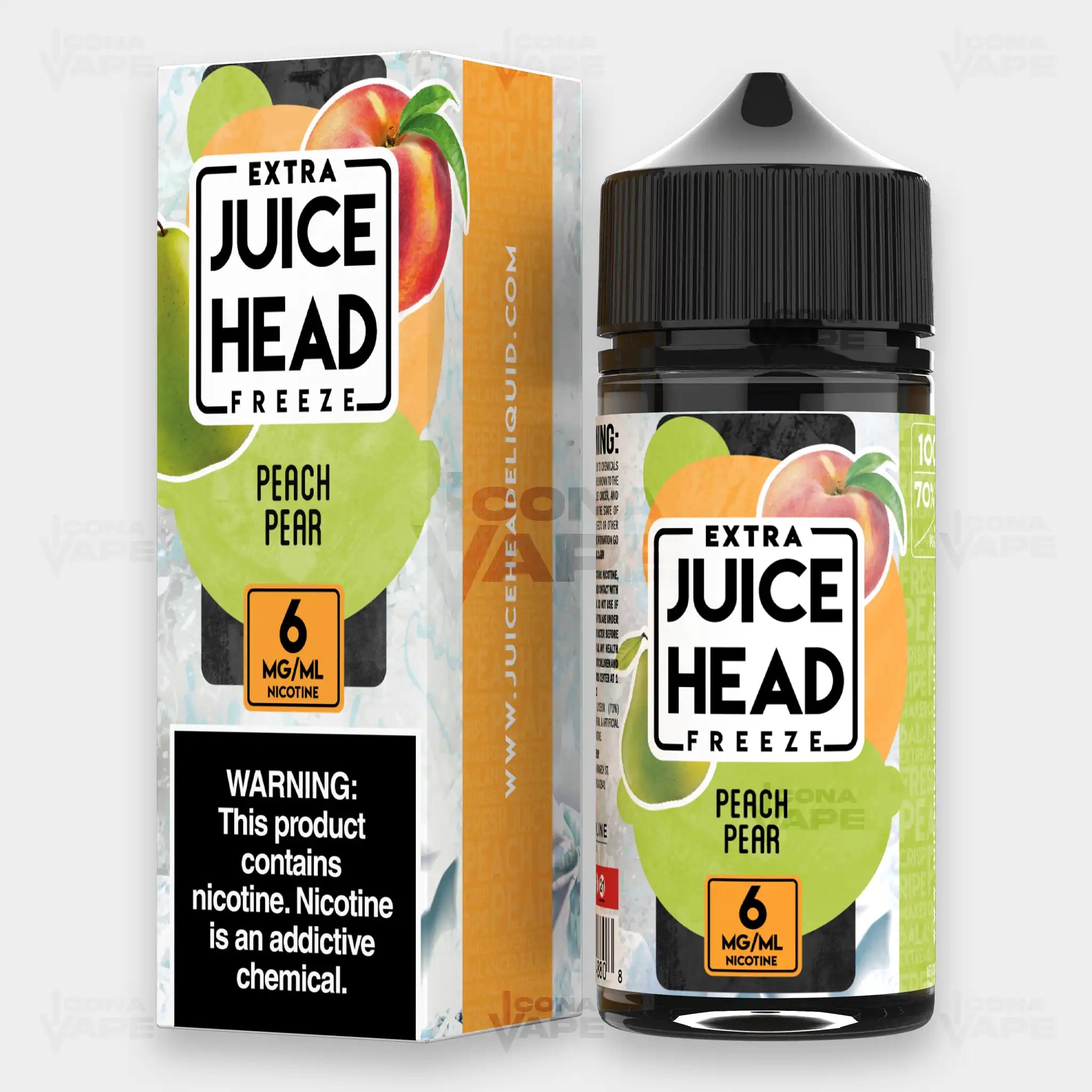 Juice Head Extra Freeze Peach Pear 100ml vape juice - 6mg bottle and box