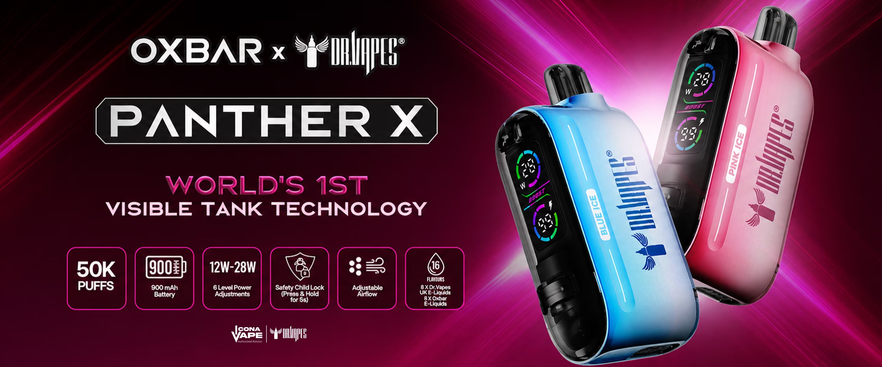OXBAR x Dr Vapes Panther X 50K vape, visible tank, 50000 puffs, now at ICONA VAPE Pakistan