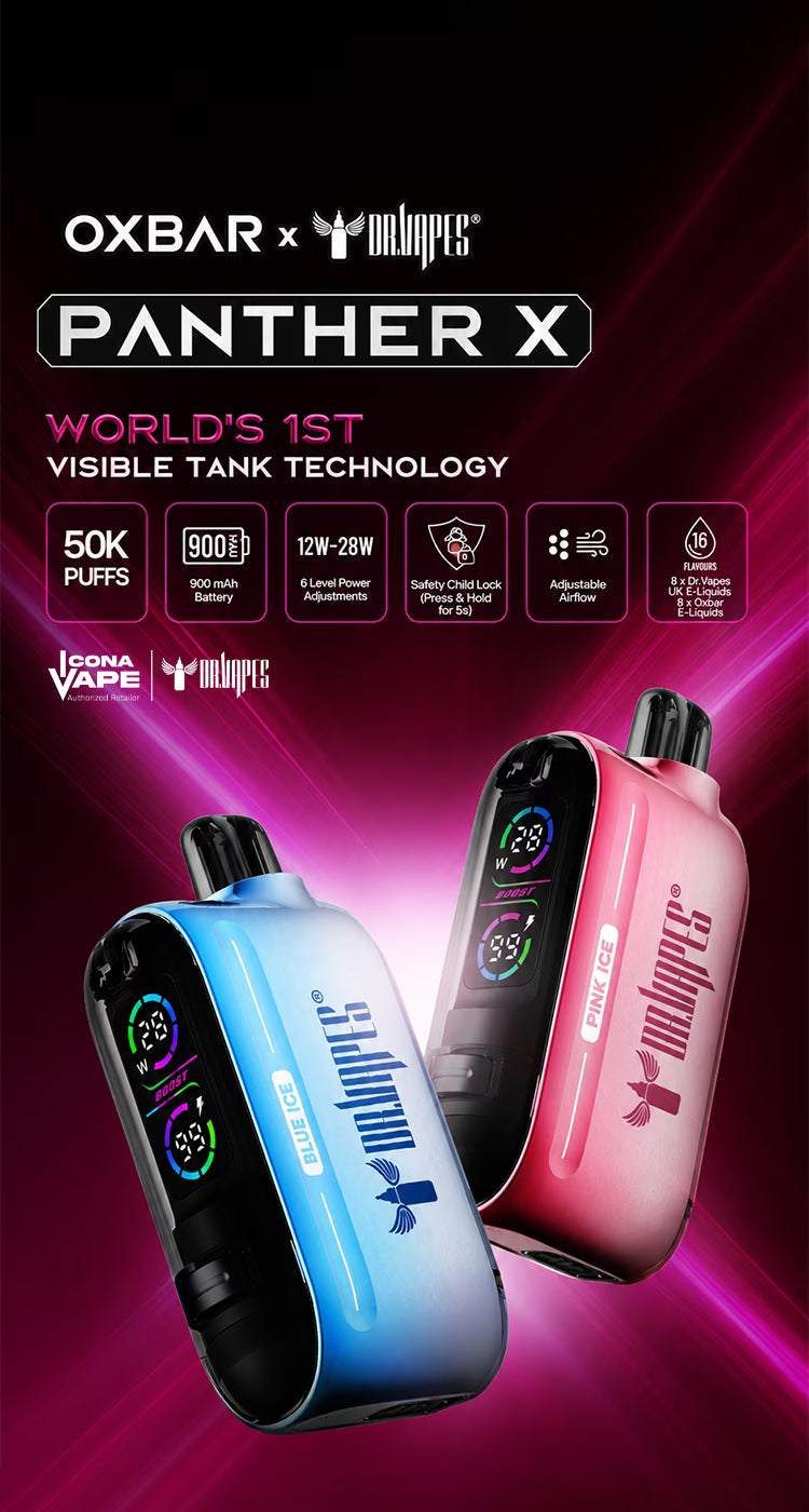 OXBAR x Dr Vapes Panther X 50K vape, visible tank, 50000 puffs, now at ICONA VAPE Pakistan