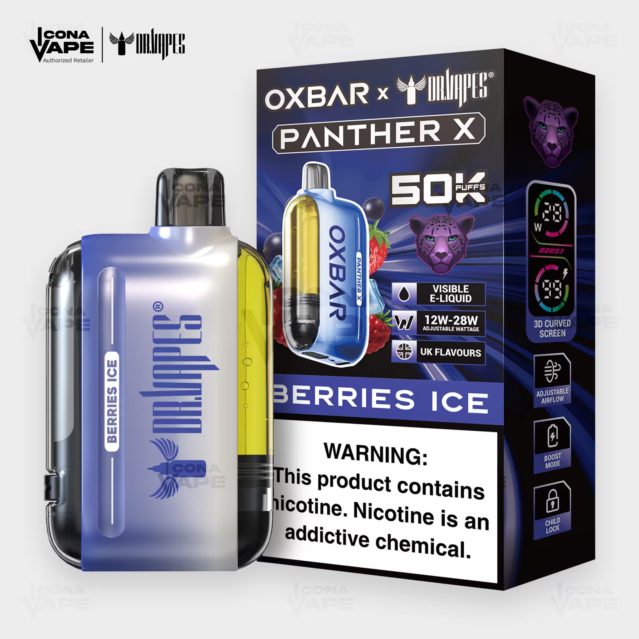 OXBAR x Dr Vapes Panther X 50K Berries Ice disposable vape, mixed berry menthol, 50000 puffs, Pakistan