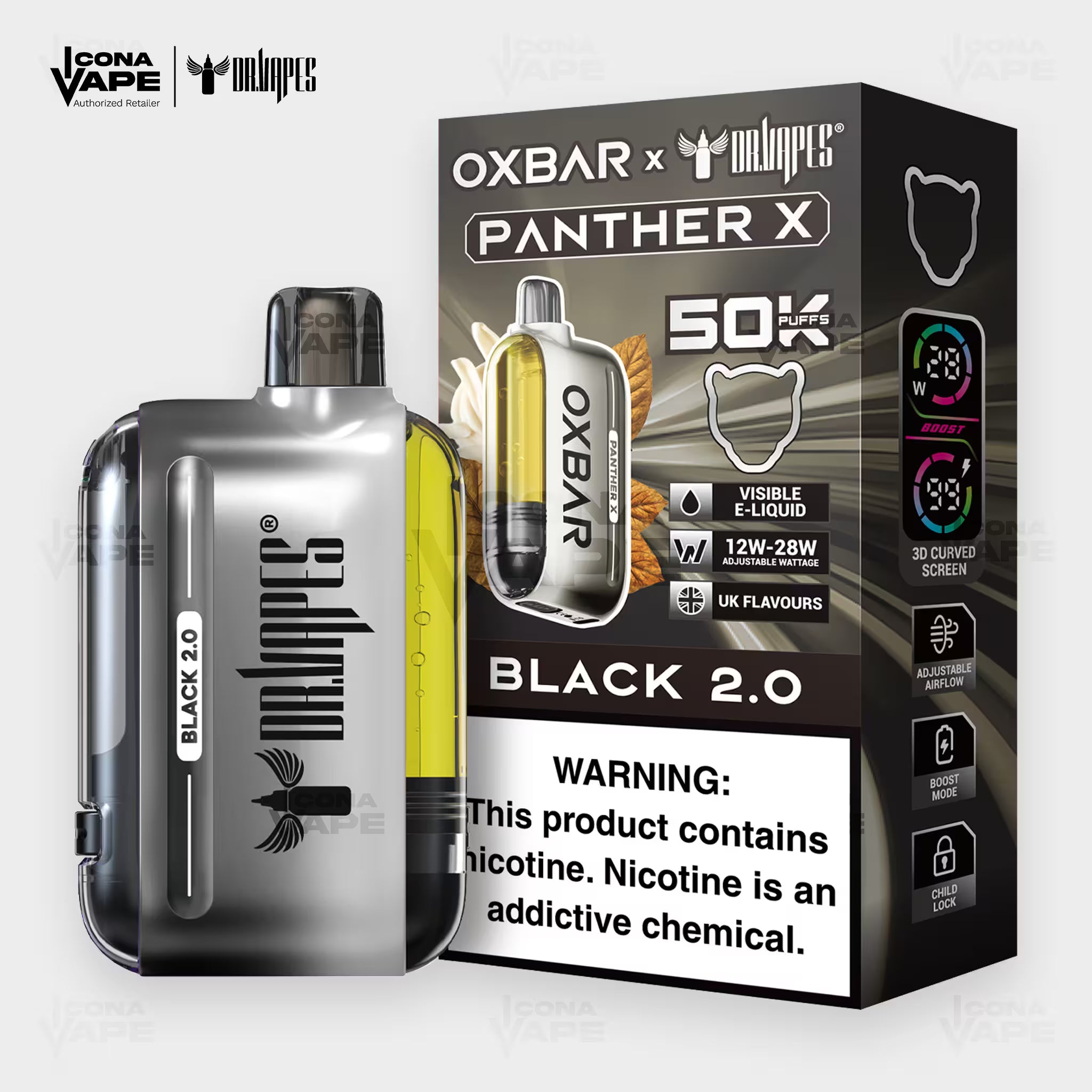 OXBAR x Dr Vapes Panther X 50K Black 2.0 disposable vape, dark silver device, 50000 puffs, Pakistan
