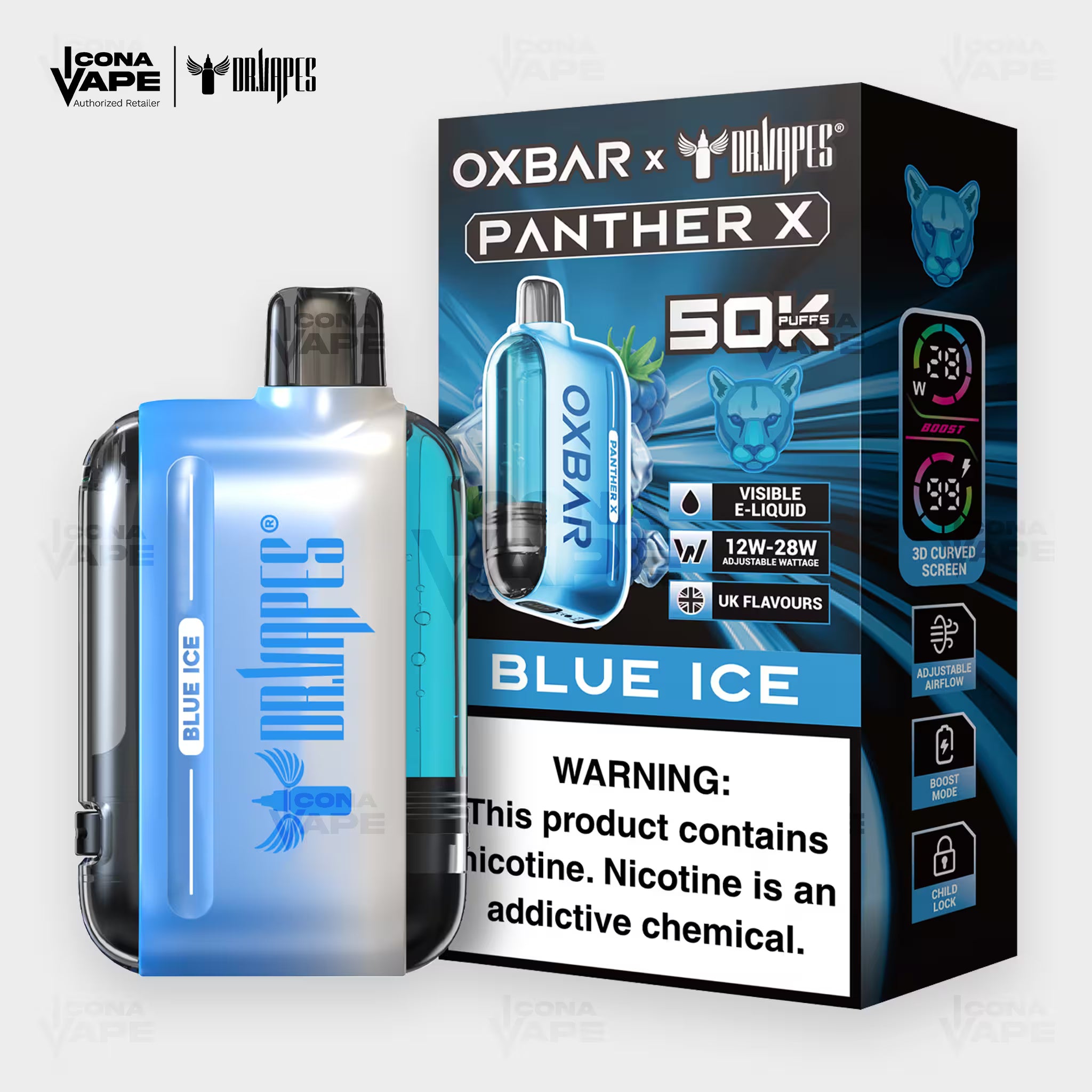 OXBAR x Dr Vapes Panther X 50K Blue Ice disposable vape, blue berry menthol, 50000 puffs, Pakistan