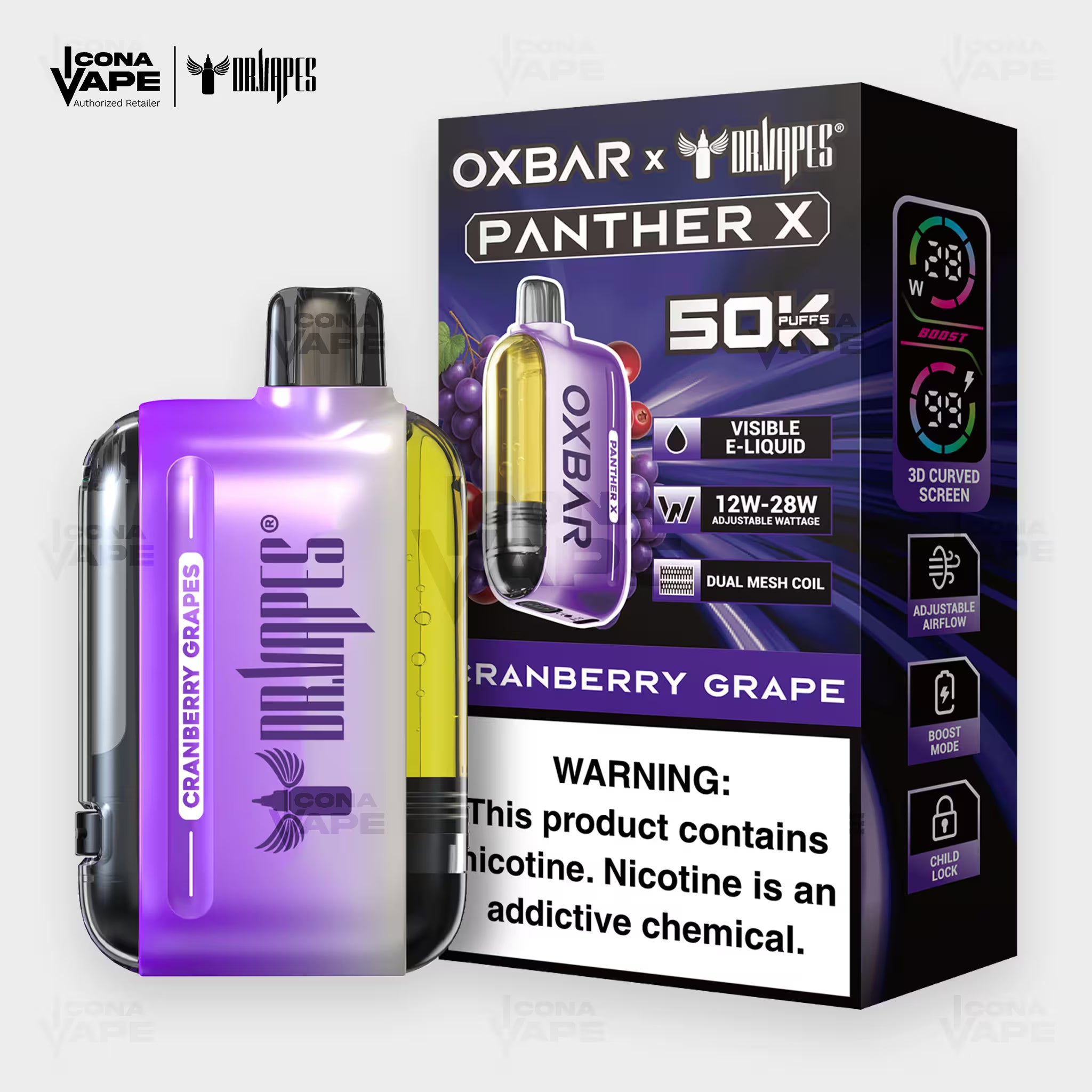 OXBAR x Dr Vapes Panther X 50K Cranberry Grape disposable vape, purple device, 50000 puffs, Pakistan