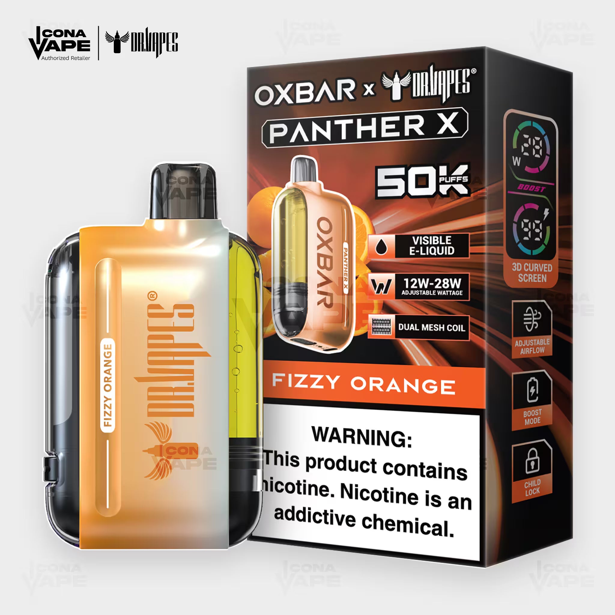 OXBAR x Dr Vapes Panther X 50K Fizzy Orange disposable vape, orange soda flavor, 50000 puffs, Pakistan