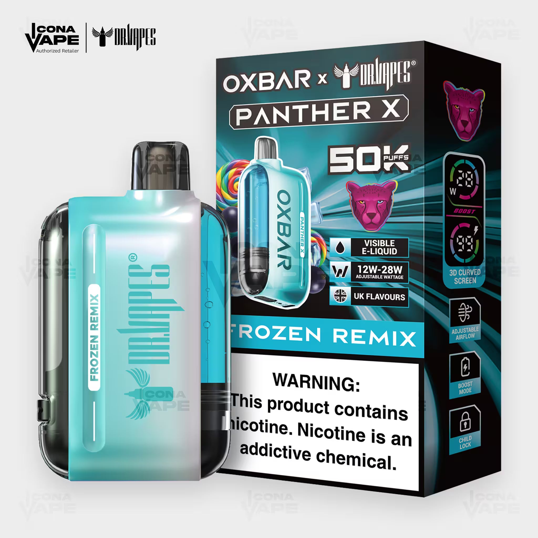 OXBAR x Dr Vapes Panther X 50K Frozen Remix disposable vape, iced fruit blend, 50000 puffs, Pakistan