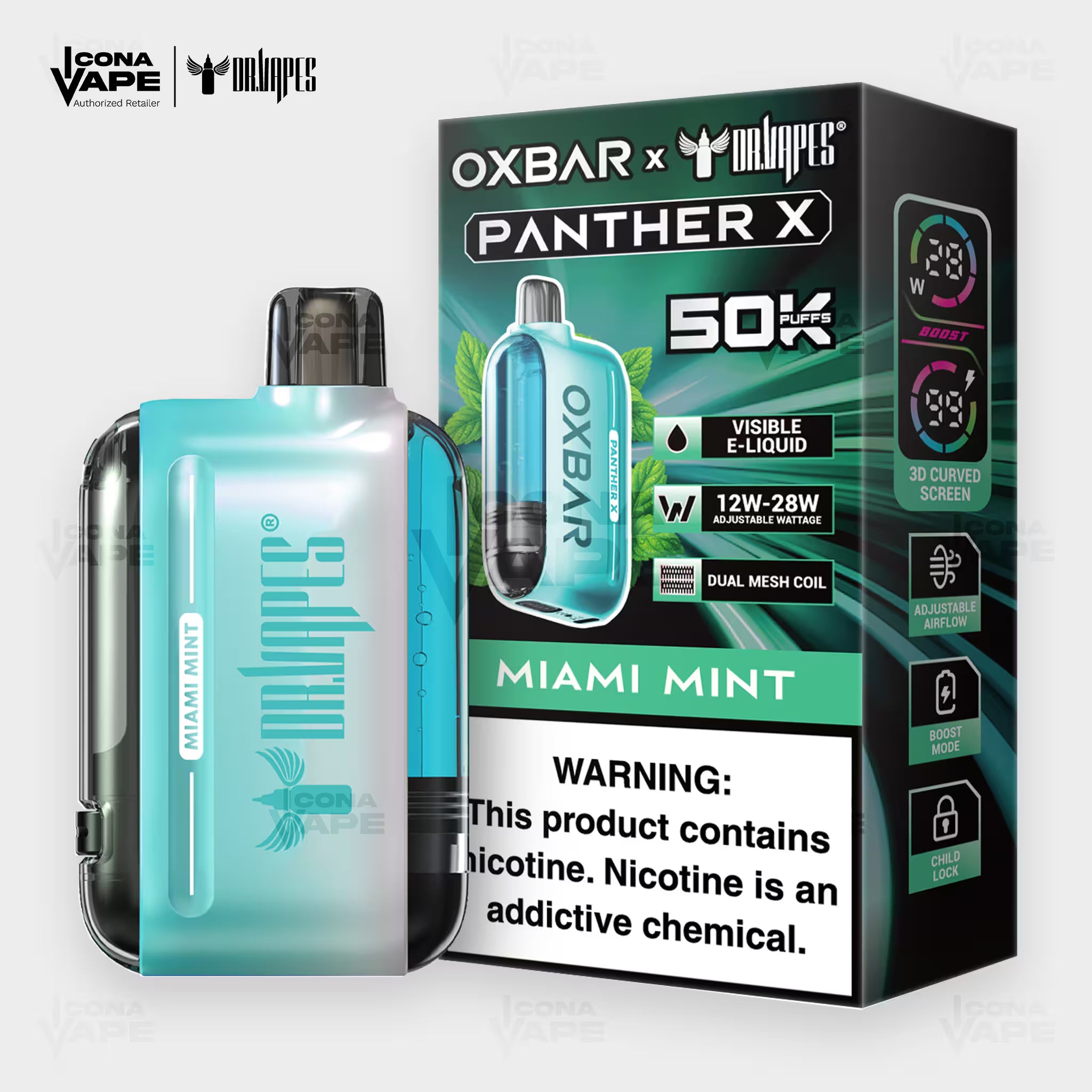 OXBAR x Dr Vapes Panther X 50K Miami Mint disposable vape, pure mint flavor, 50000 puffs, Pakistan