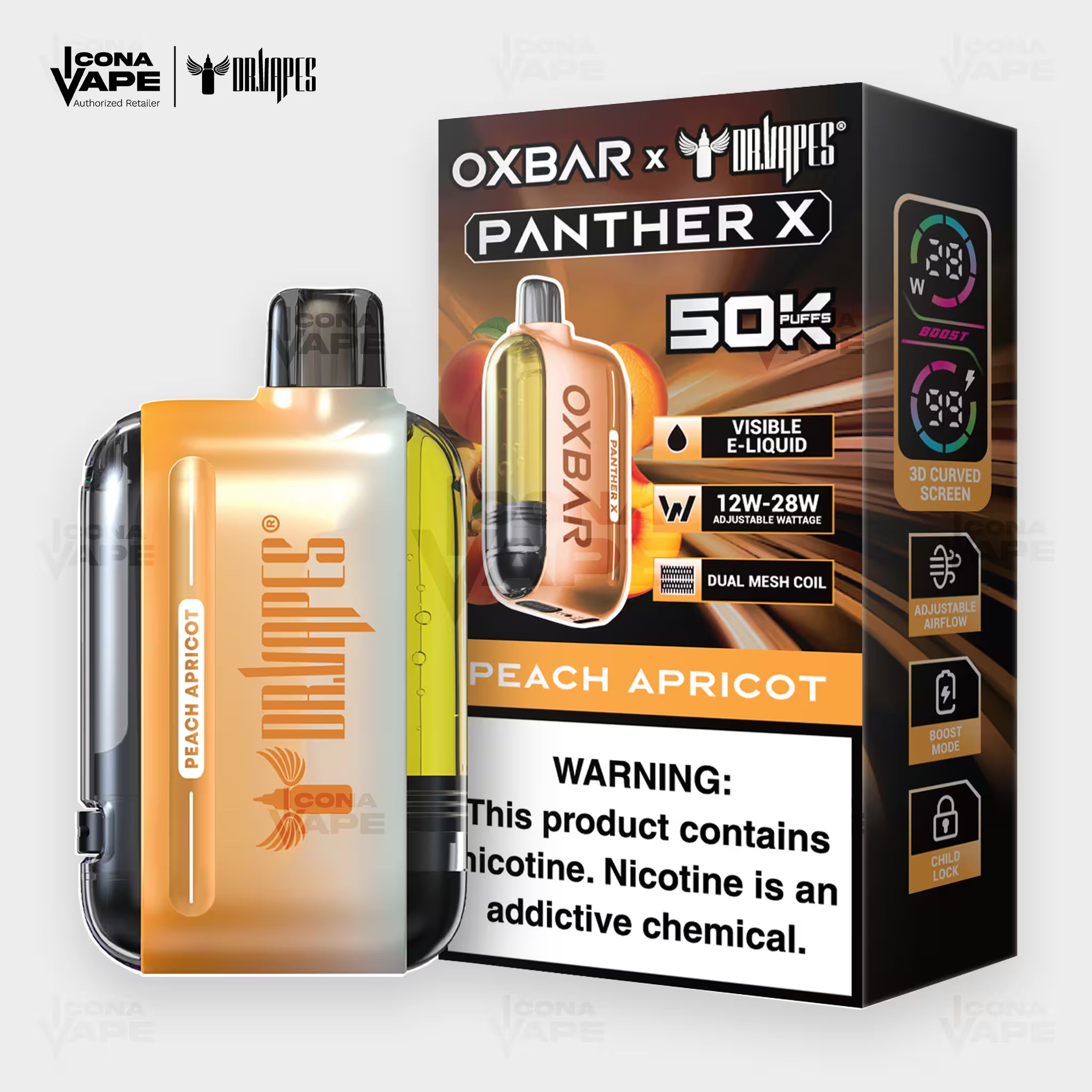 OXBAR x Dr Vapes Panther X 50K Peach Apricot disposable vape, stone fruit blend, 50000 puffs, Pakistan