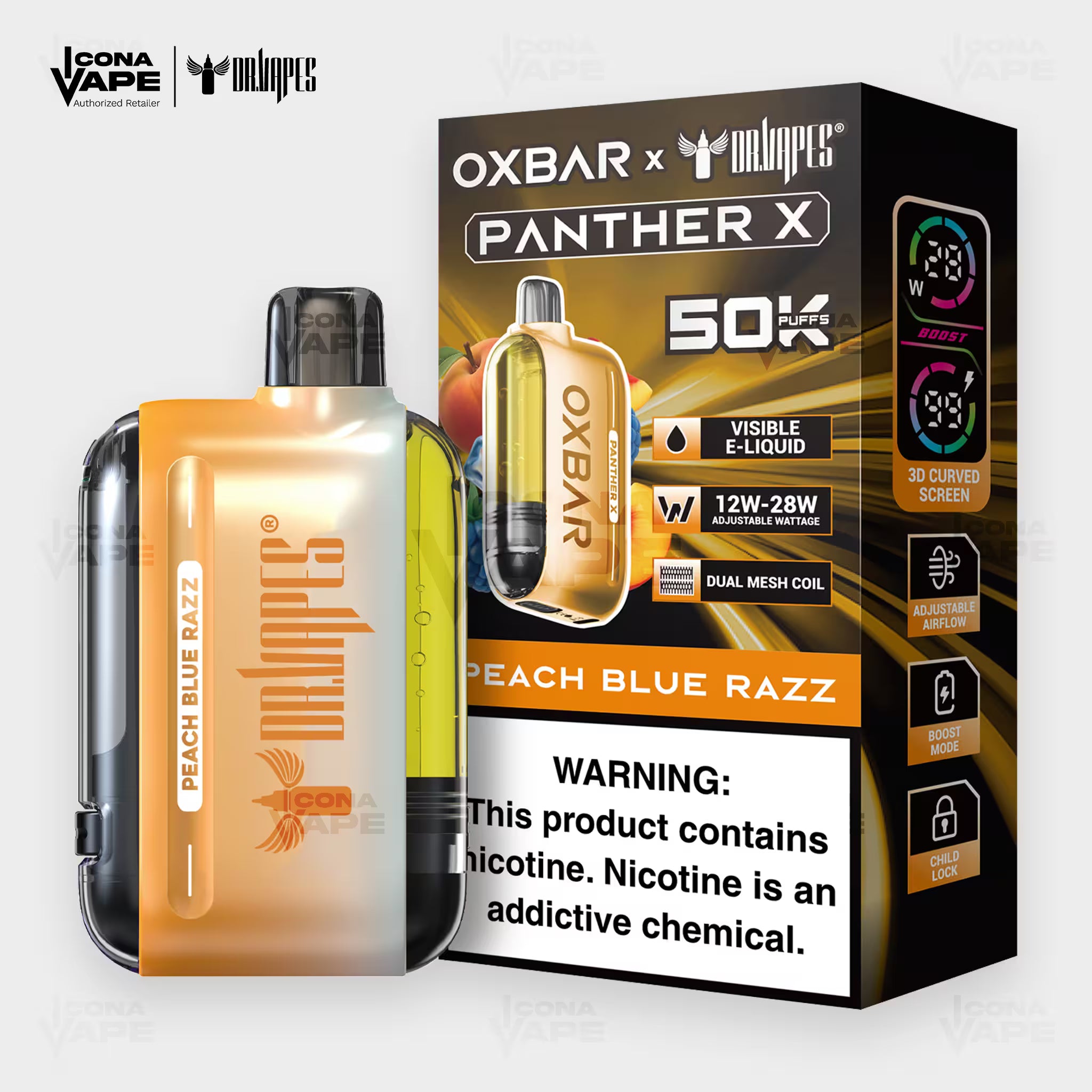 OXBAR x Dr Vapes Panther X 50K Peach Blue Raz disposable vape, peach and blue raspberry, 50000 puffs