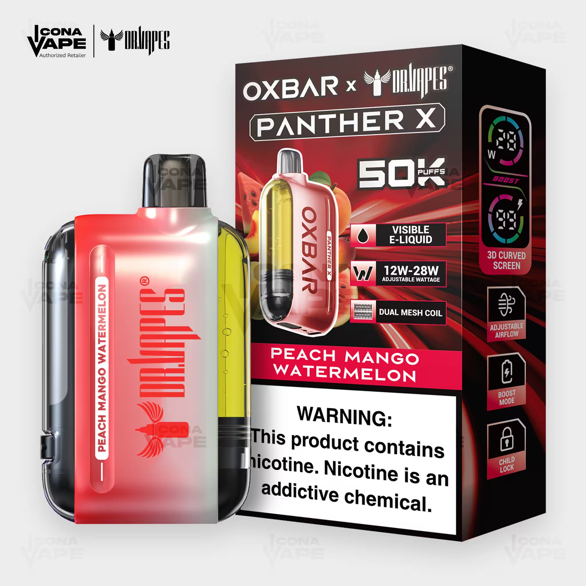 OXBAR x Dr Vapes Panther X 50K Peach Mango Watermelon disposable vape, 50000 puffs, 20mg and 50mg