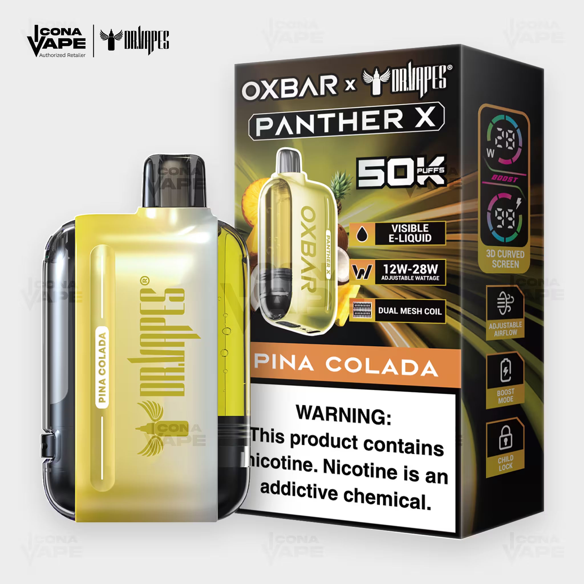 OXBAR x Dr Vapes Panther X 50K Pina Colada disposable vape, pineapple coconut, 50000 puffs, Pakistan