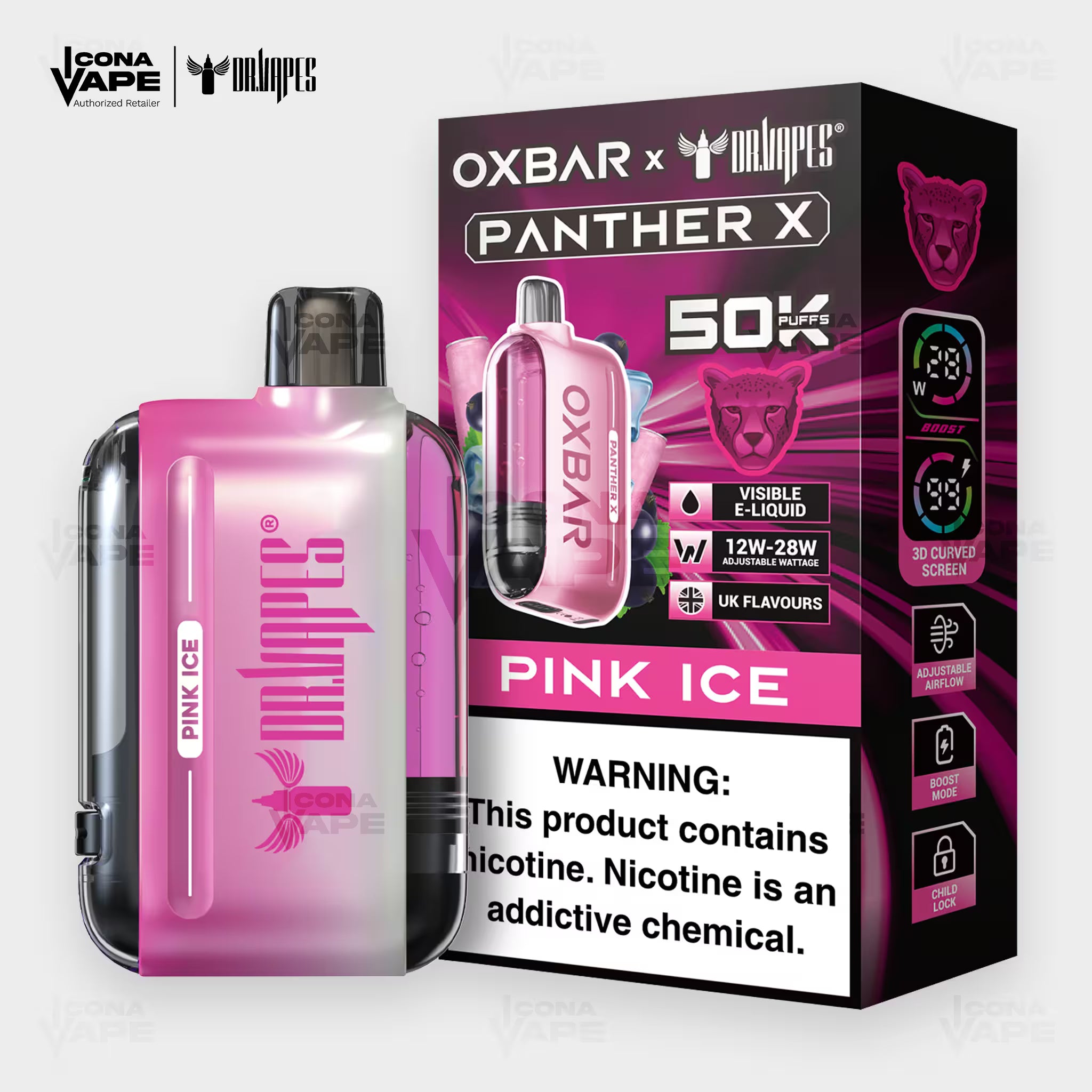 OXBAR x Dr Vapes Panther X 50K Pink Ice disposable vape, pink device, signature iced blend, Pakistan