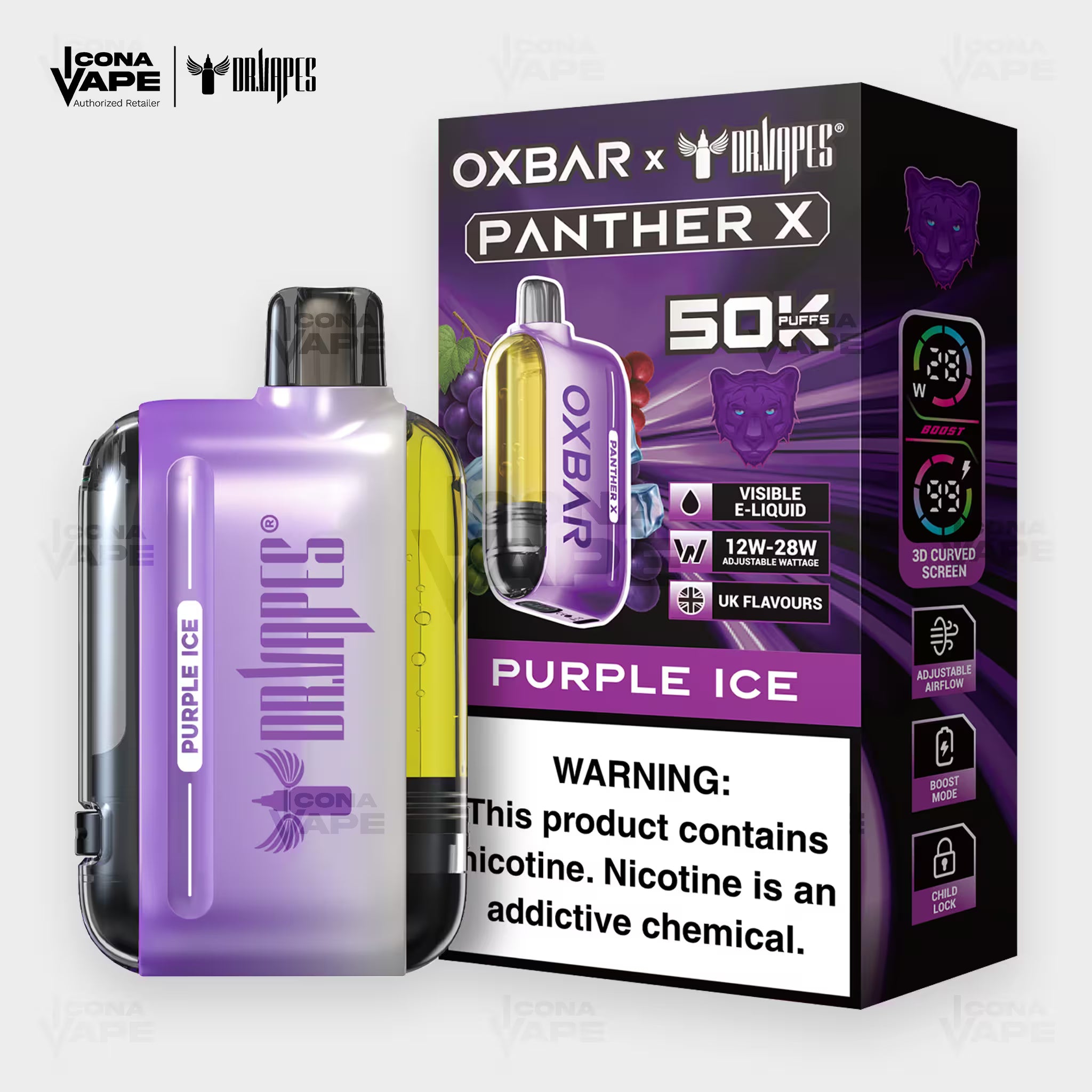 OXBAR x Dr Vapes Panther X 50K Purple Ice disposable vape, berry grape menthol, 50000 puffs, Pakistan