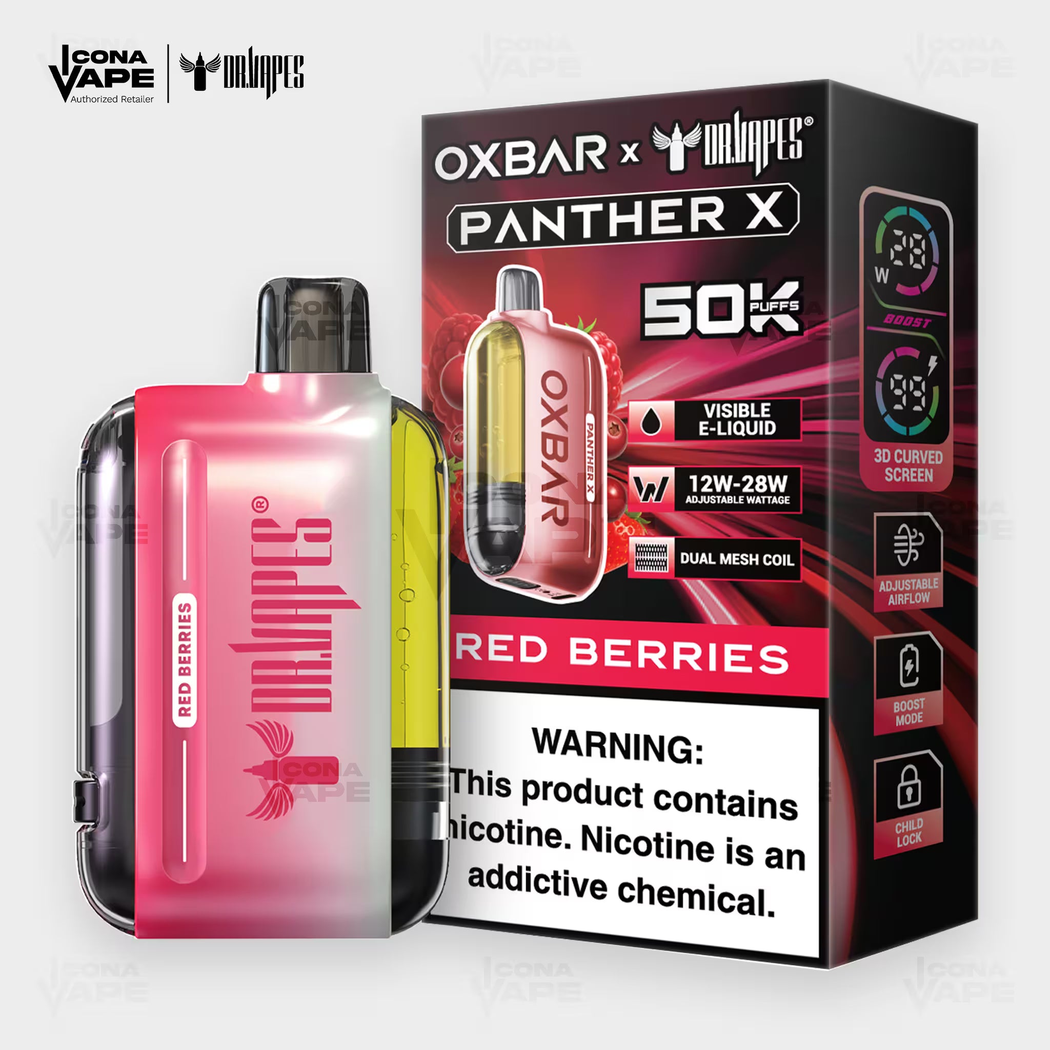 OXBAR x Dr Vapes Panther X 50K Red Berries disposable vape, strawberry raspberry cherry, 50000 puffs