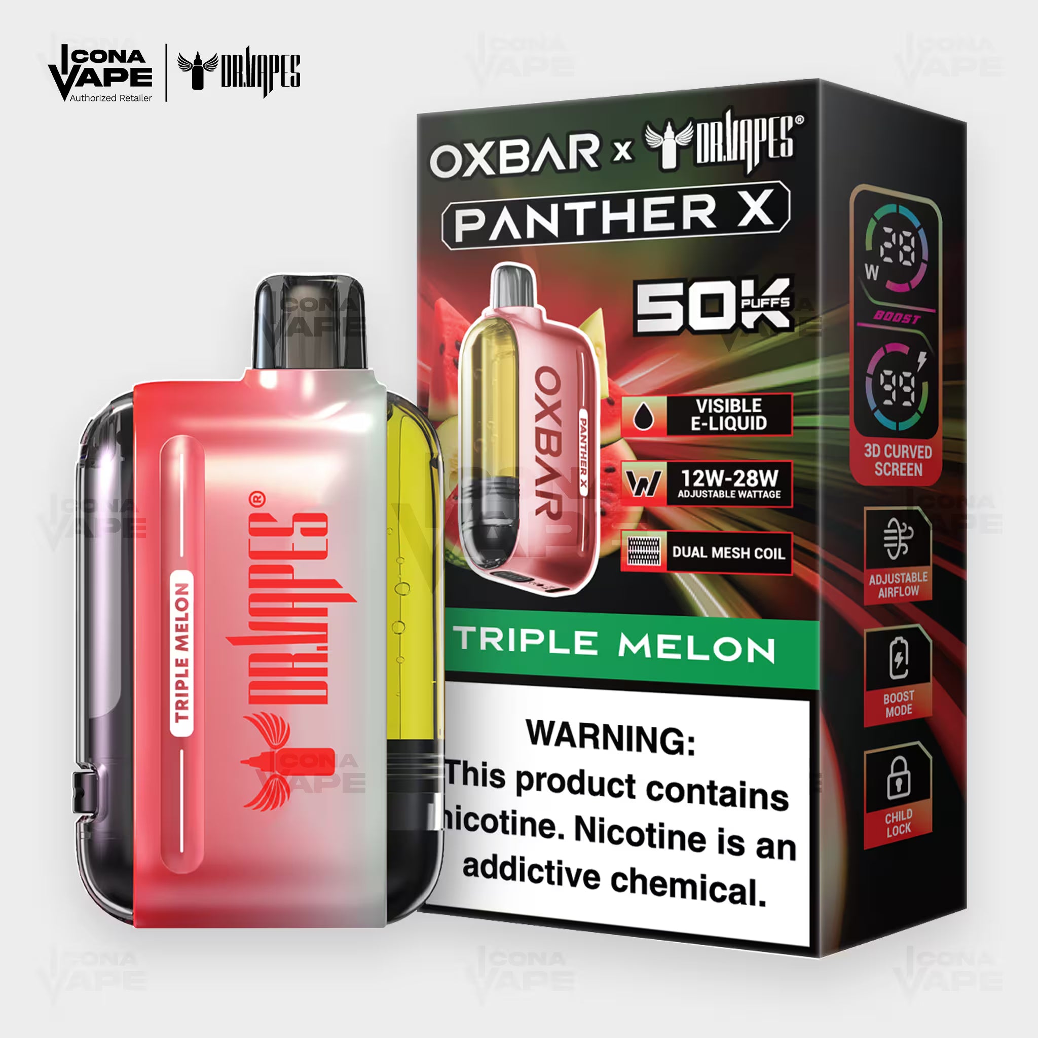 OXBAR x Dr Vapes Panther X 50K Triple Melon disposable vape, three melon blend, 50000 puffs, Pakistan