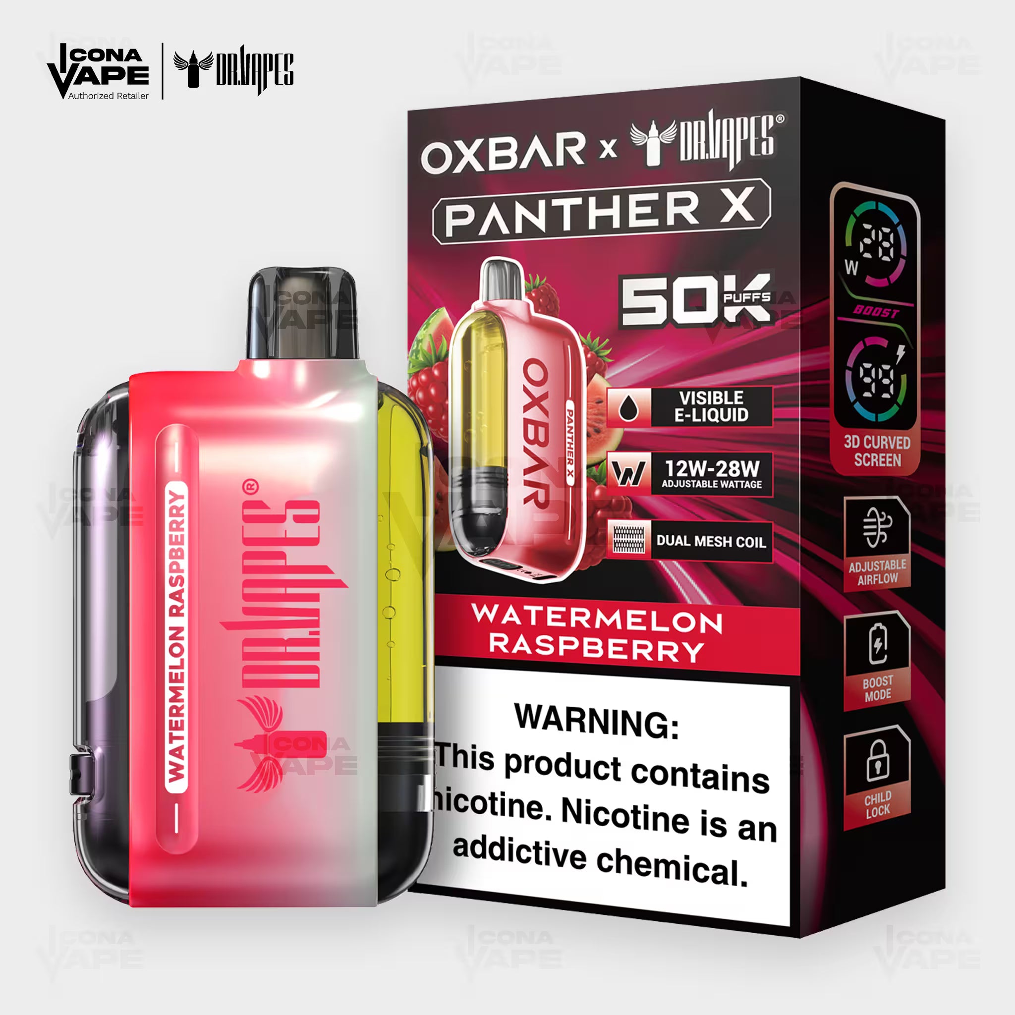 OXBAR x Dr Vapes Panther X 50K Watermelon Raspberry disposable vape, 50000 puffs, 20mg and 50mg, Pakistan