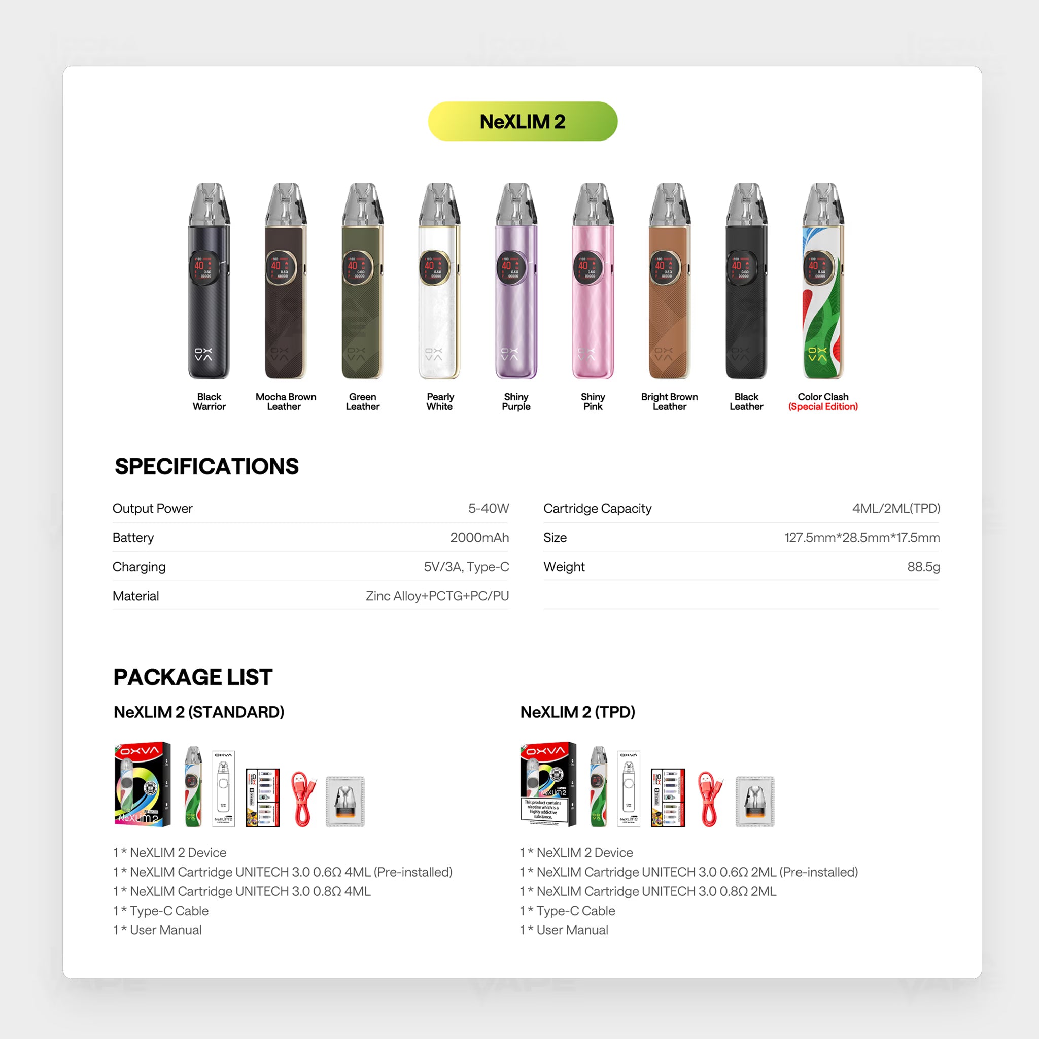 OXVA NeXLIM 2 colors, specifications and package list, ICONA VAPE Pakistan