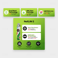 OXVA NeXLIM 2 features, dual mesh, 4ml UNITECH 3.0 cartridge, 2000mAh battery