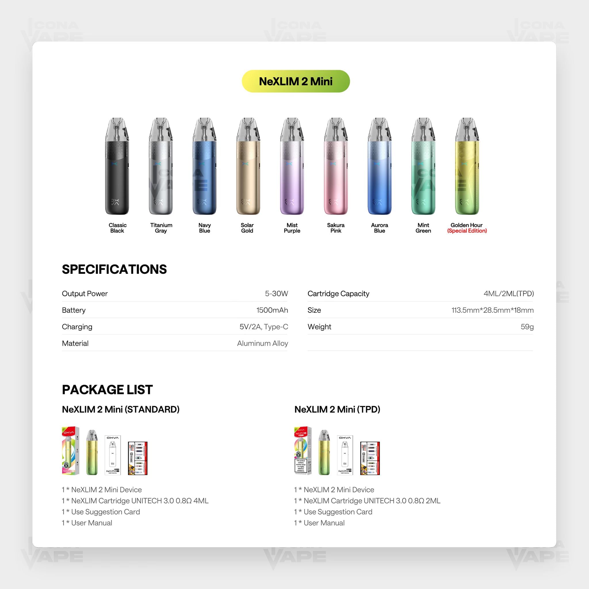 OXVA NeXLIM 2 Mini colors, specifications and package contents chart